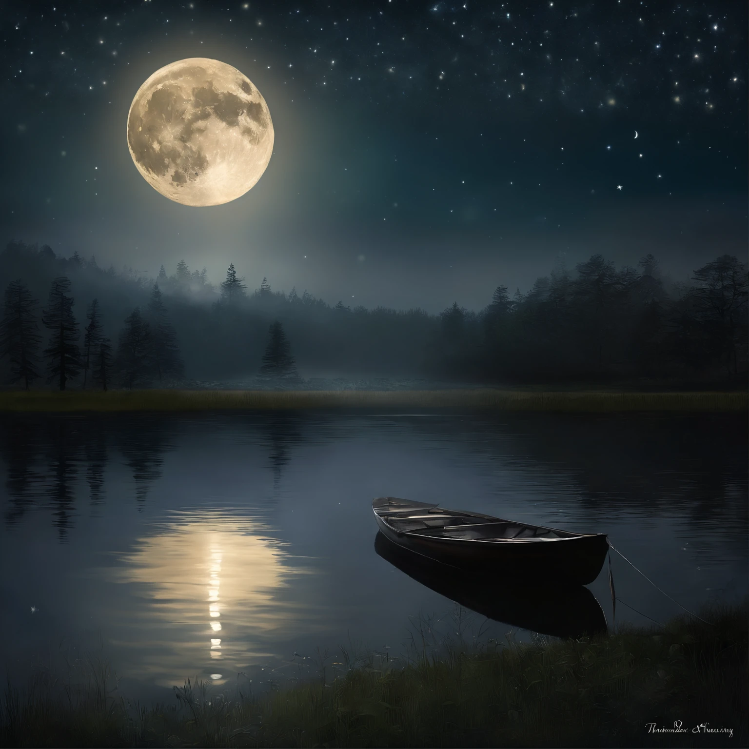 "A peaceful and peaceful night, Bask in a silvery glow. Harmonious scene of the moon,Subtly reflected on the calm water. Twinkling stars dot the dark sky, creating a magical atmosphere. The surrounding nature is shrouded in a light and mysterious mist. Let your imagination come to life in this night painting full of calm and serenity."