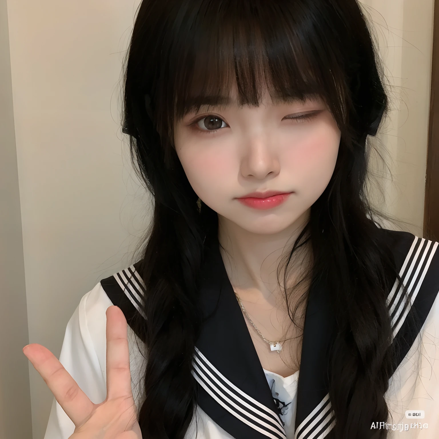 Arafed Asian girl with long black hair and a white shirt, Ulzzang, Shikami, Chiho, kanliu666, Lalisa Manobal, Ruan Vtuber Fofo, camisa solta colar marinheiro uniforme, Yoshitomo Nara, com bonito - fino - rosto, Fotografia selfie 8k