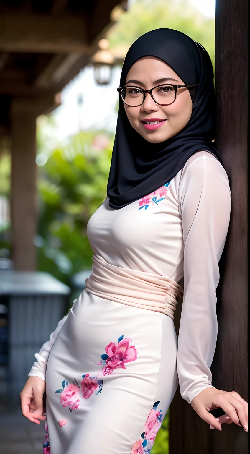 1 malay woman in hijab,((wear tight white baju kurung with small floral pattern)),wear glasses, (big buttocks), big round ass, Small chest, laughing smile, (hijab flying), de pele branca,big breasts thin waist, mexico-style street, Hyper-Realism, Cinematic lighting, depth of fields, From back below, vanishing point, F/2.8,  Anatomically correct, Textured skin, Super Detail, awardwinning, Best Quality, hight resolution,