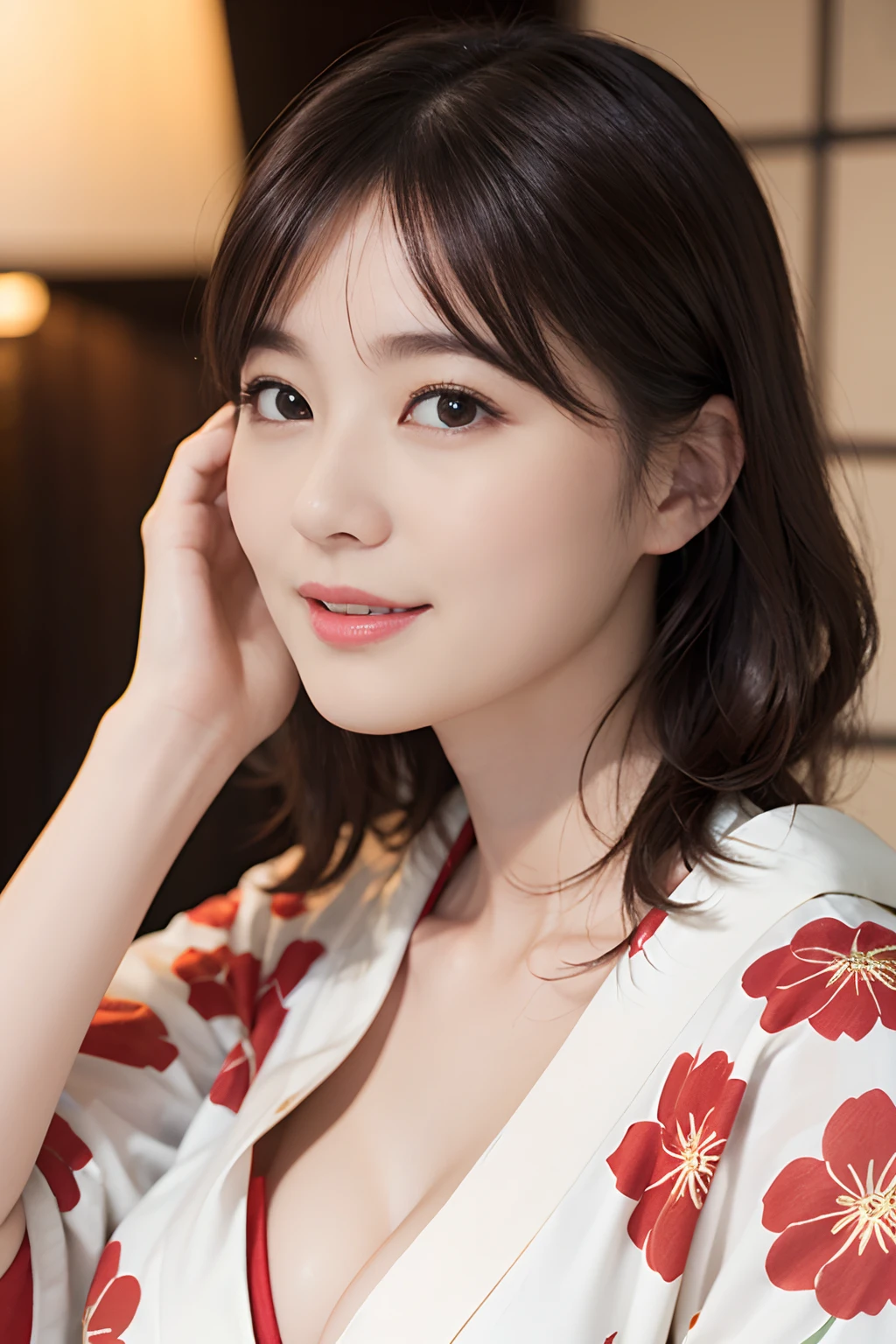((top-quality、masterpiece、photographrealistic:1.4、in 8K))、beautiful japanese female1a person、25years old、Beautiful short hair、delicate and beautiful face、Eyes and faces with detailed 、Beautiful lighting、Shy laughter、Textured skin、Super Detail、high detailing、High quality、hight resolution、(Fluffy red kimono:1.3)、bangss、Colossal tits:1.2)、Engaging pose、Slim waist、natural soft light、cleavage of the breast