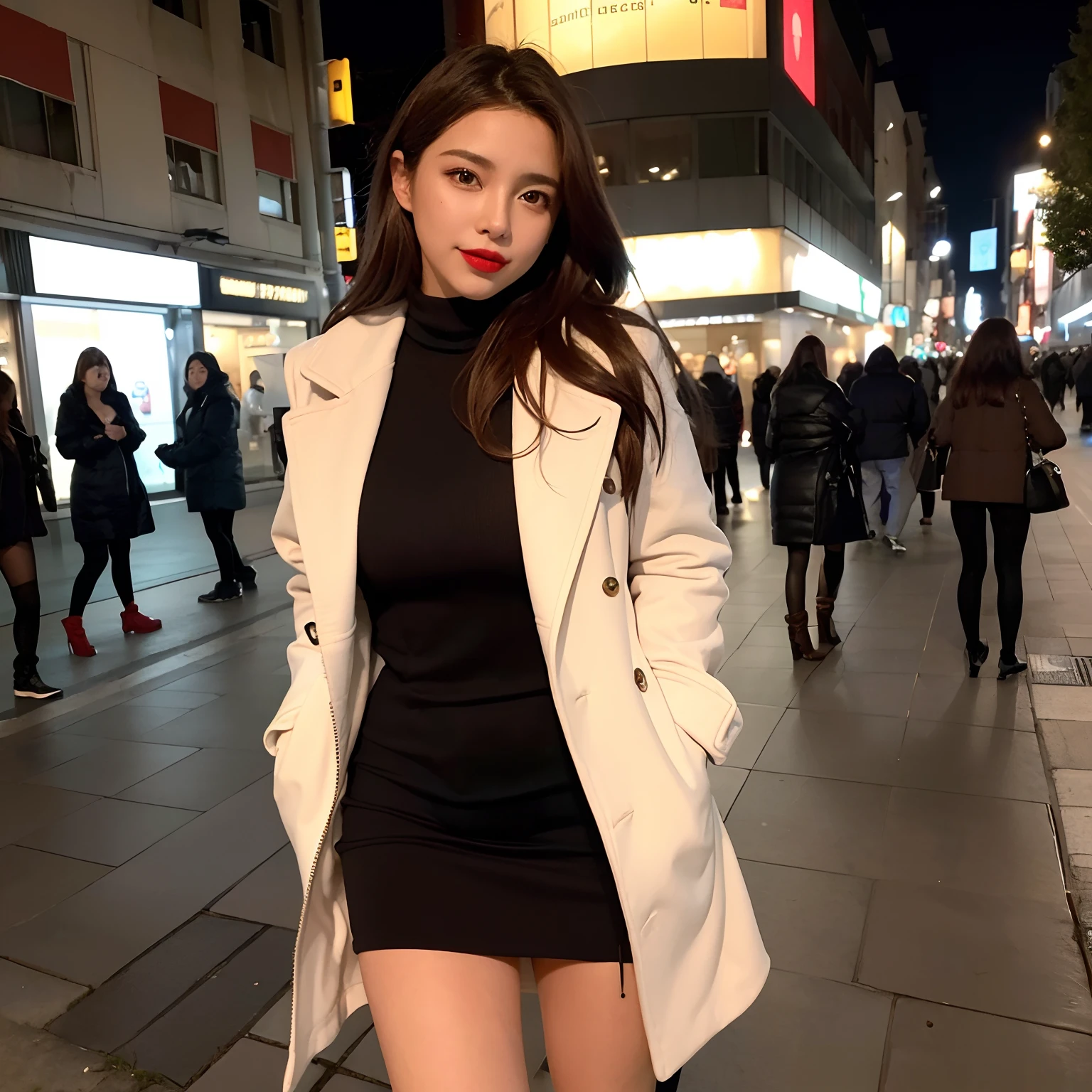 (8k, Fotos RAW, calidad superior, obra maestra: 1.2), Ultra detalle, Super resolution, (real, fotos reales: 1.37) en las calles de la ciudad, de noche,con tacones negros, vestido de noche azul , elegante, sexy, cuerpo entero , pechos grandes, escote , Red lips passion, Wide brown coat, cuerpo perfecto, pose sexy , sosteniendo bolsa azul