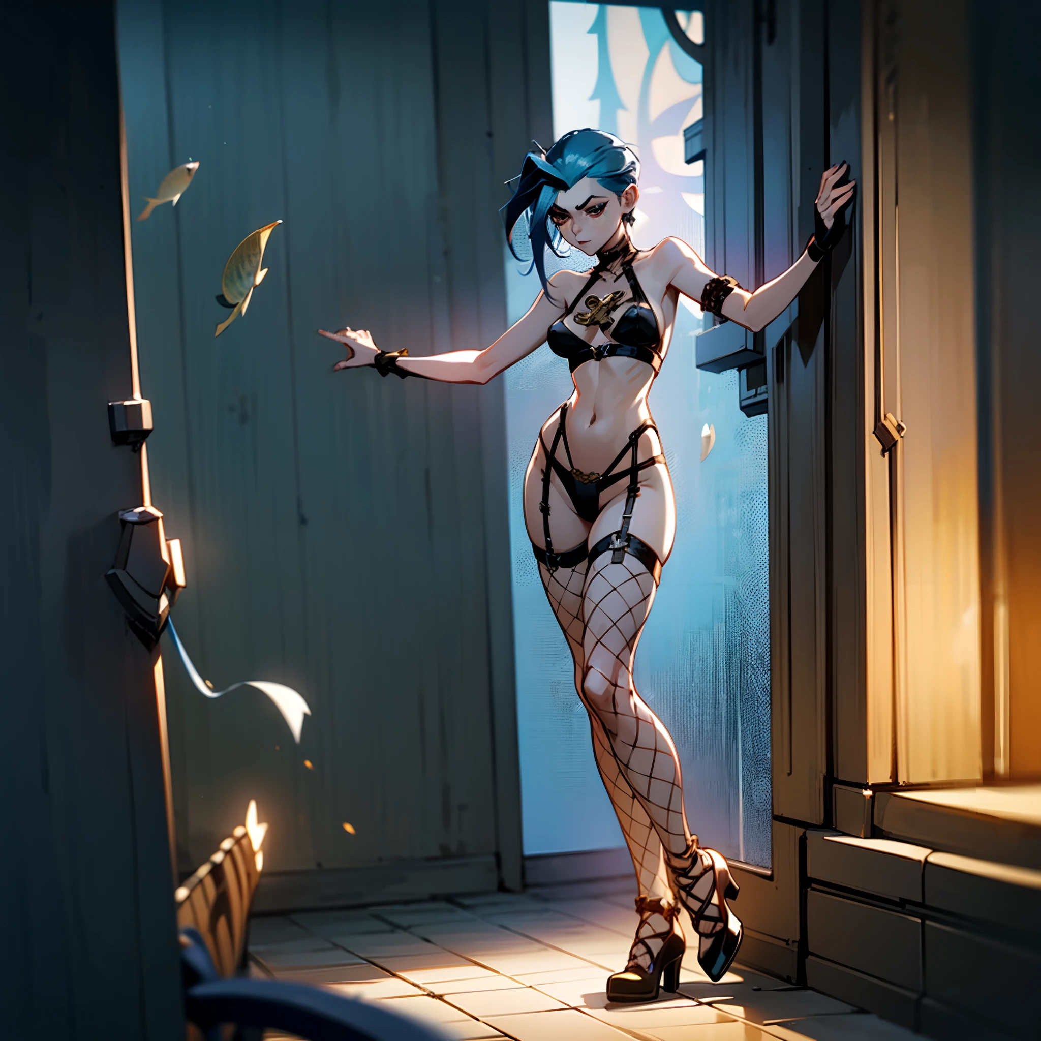 Full body of the character，The character has a large range of movement，The character is Jinx in League of Legends，blue hairs，Wear erotic lingerie and fishnet stockings，There are thick dark circles on the face，Expose the chest，Exposing the abdomen，Nipple patches，Standing on the street is like a prostitute picking up customers late at night