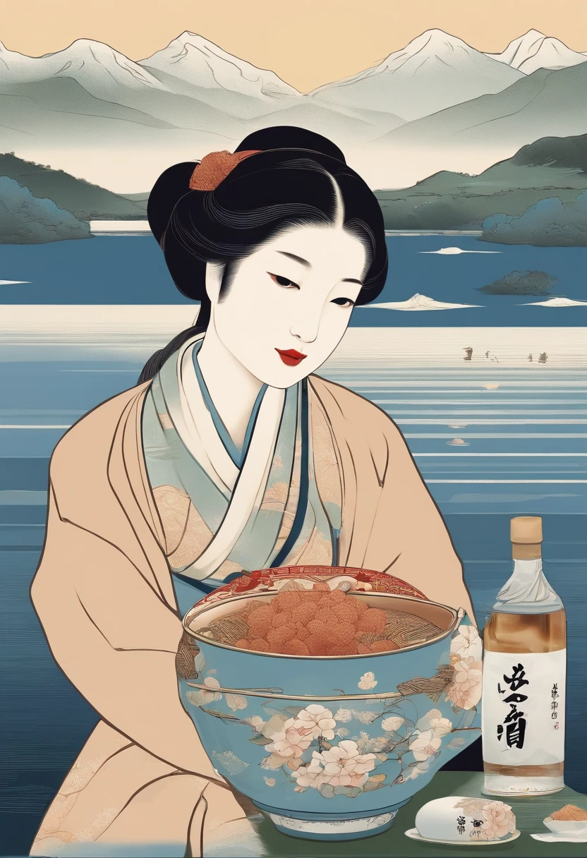 Carton packaging:Frozen rice sugar,Yamakawa,rios,rays of sunshine,Epic composition,shadowing,National style,A very detailed ukiyo-e style illustration,A masterpiece with packaging design,Layered composition,Calm and pastel palette - AR 3:4-upbeta-s 750-style original