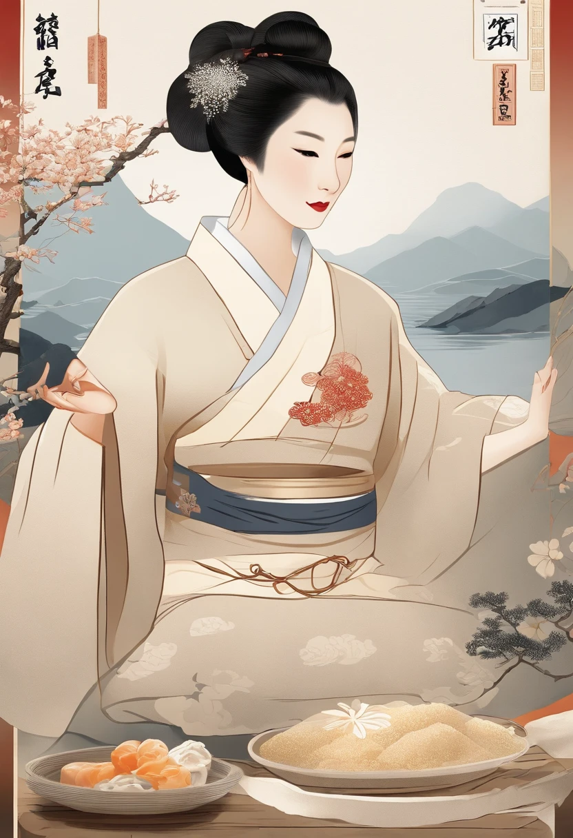 Carton packaging:Frozen rice sugar,Yamakawa,rios,rays of sunshine,Epic composition,shadowing,National style,A very detailed ukiyo-e style illustration,A masterpiece with packaging design,Layered composition,Calm and pastel palette - AR 3:4-upbeta-s 750-style original