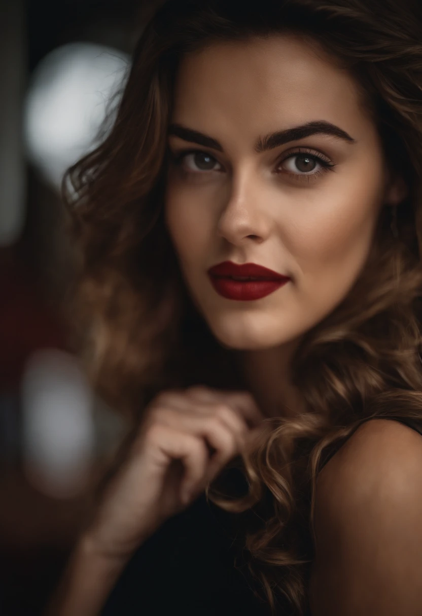 Cabelo curto, ondulado, Serious smile, olhos castanhos, boca batom vermelho, presilha de estrela no cabelo, corada, fofa, , 4K