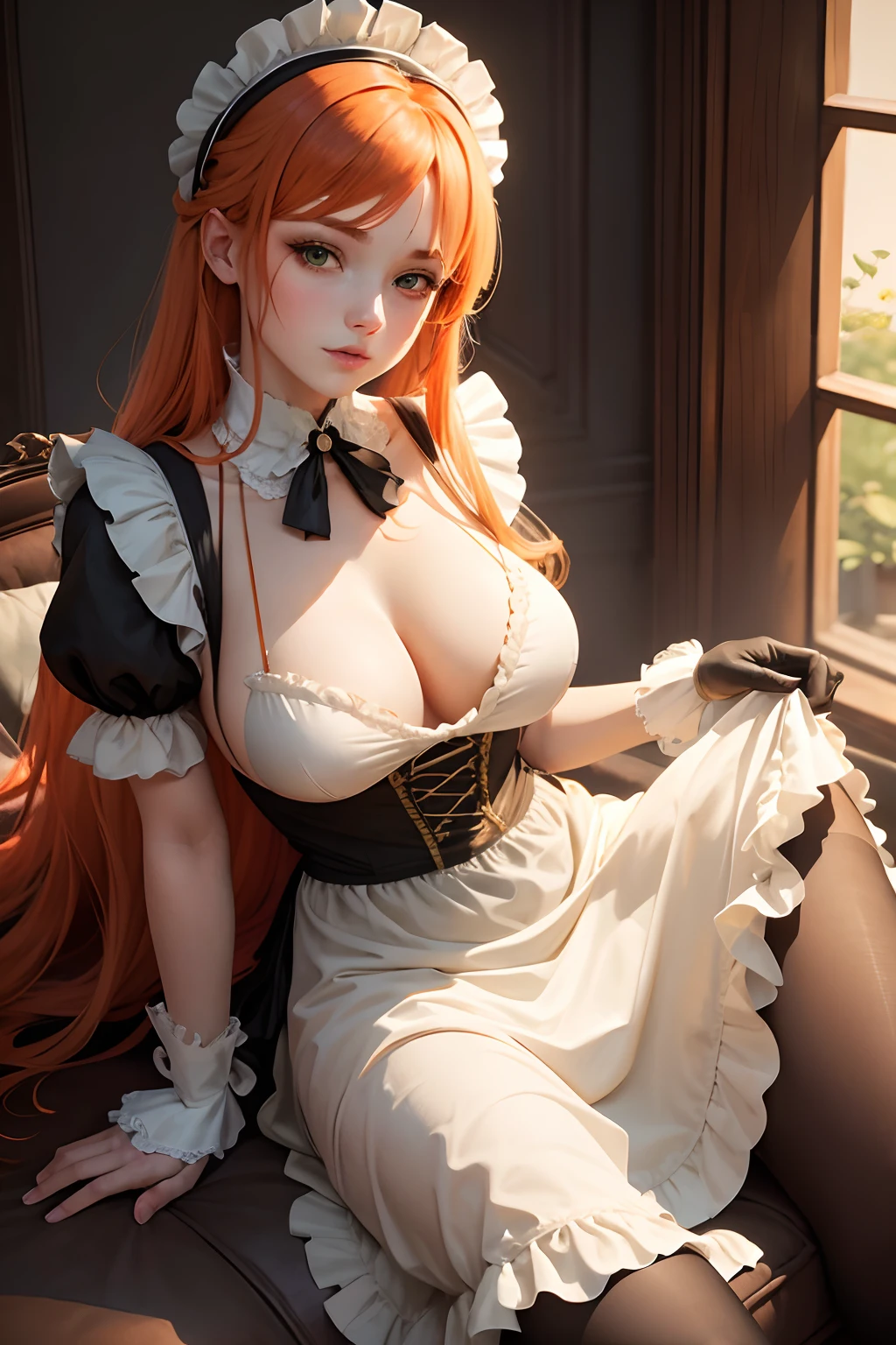 /draw apron orange_hair green_eyes breasts breasts_out couch dress female frills gloves highres koruse large_breasts long_hair looking_at_viewer lying maid maid_apron maid_headdress no_panties original solo gloves pantyhose HD UHD HQ