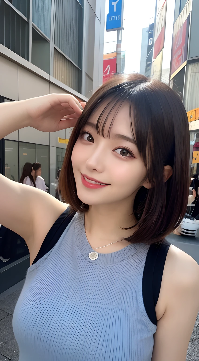 ((top-quality、8K、masterpiece:1.3))、1girl in、(Hairstyle Casual、small tits:1.2)、(Casual wear)、Super fine face、Delicat eyes、二重まぶた、A smile、In the street