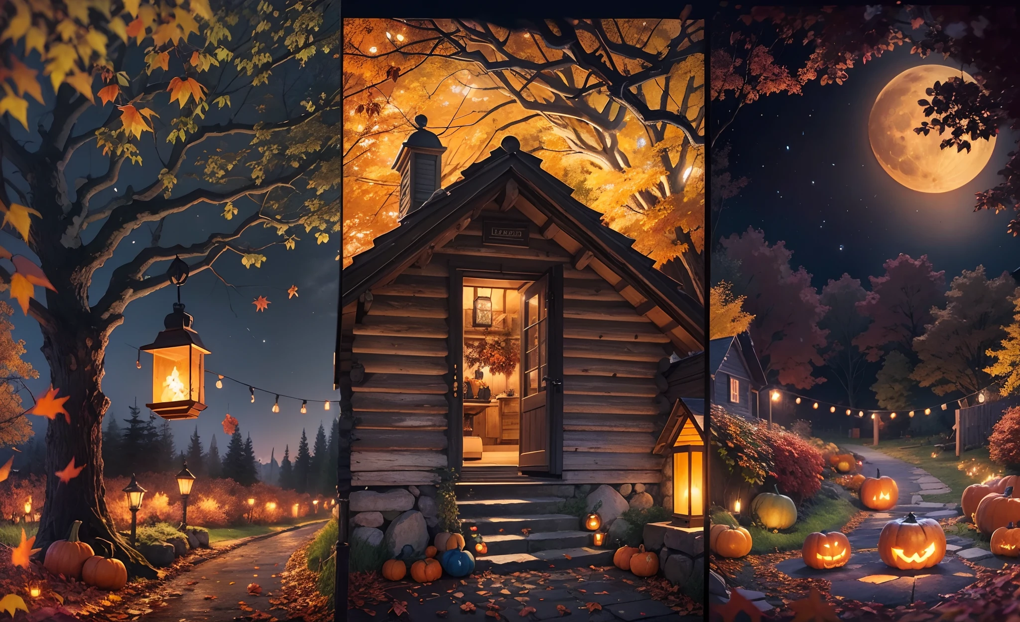 Autumn landscape, pumpkin night view, full moon, small cabin, falling leaves, fall weather, small fountain, realism, lantern, flame, halloween
