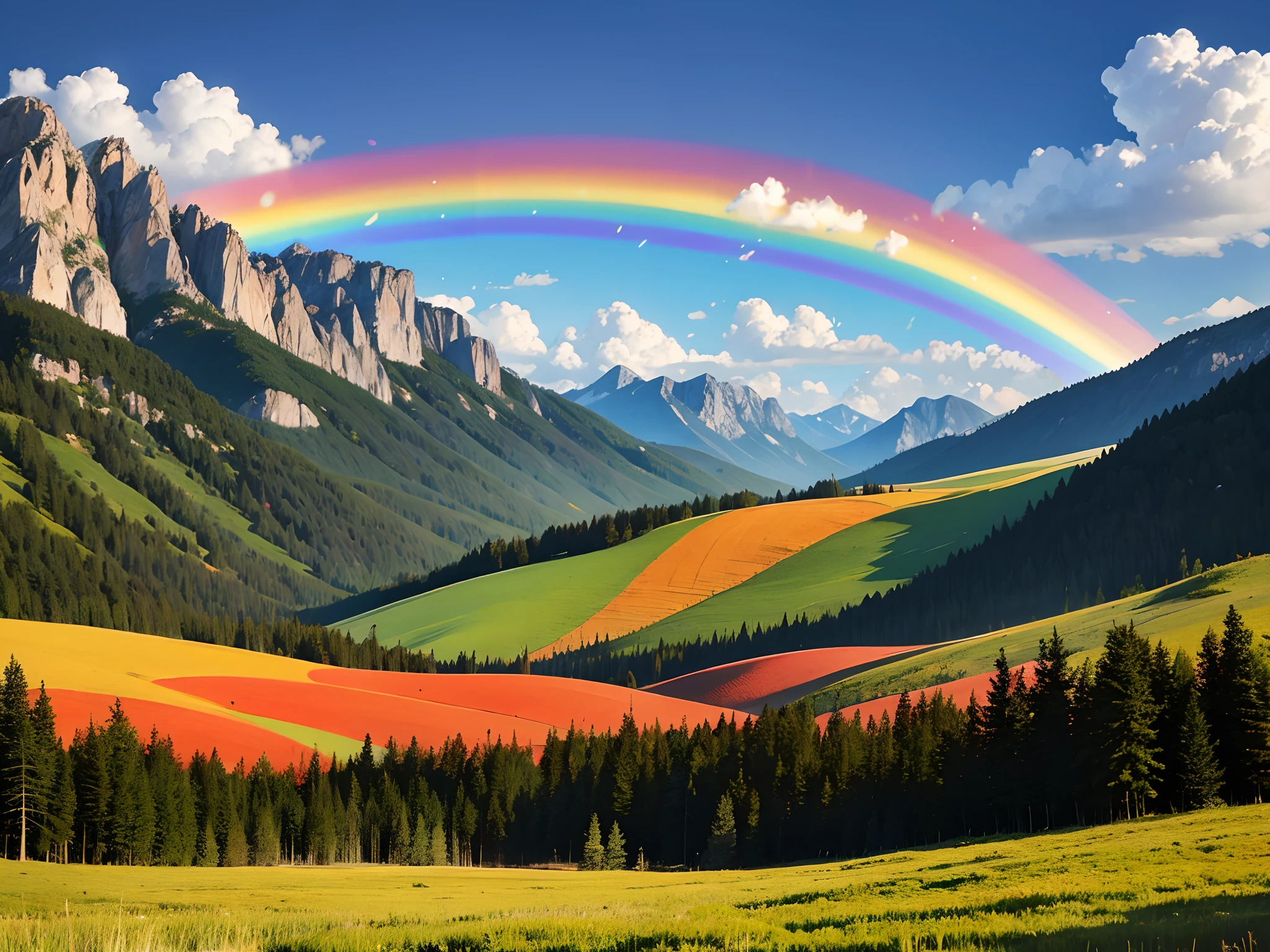 Masterpiece rainbow，hdr，Volumetriclighting，（The subject：1.3），Valley mountain forest，Prairie rainbow，（Portrait people：1.3）