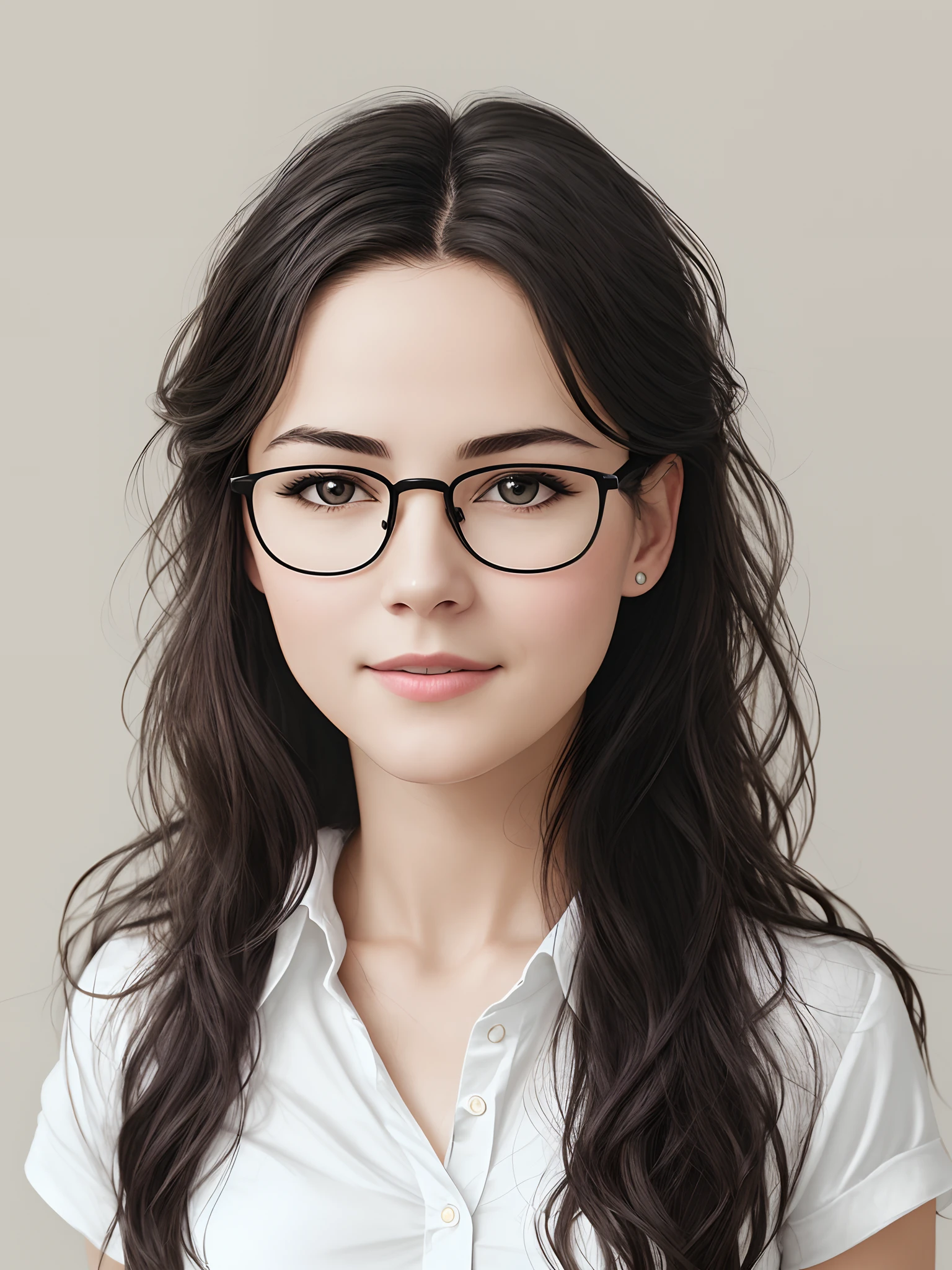 Realistic Portrait of Historical Graphite Pencil, 80s style, Female 38 years old, round face, Lively sarcastic look at the camera, Natural Eye Shine, eyeglasses, Natural glare of glass, One-sided smirk, Long dark wavy tousled hair, white shirt with unbuttoned top button, in half a turn to the camera, natural light, Realistic anatomy, Realistic body proportions, Waist-length image