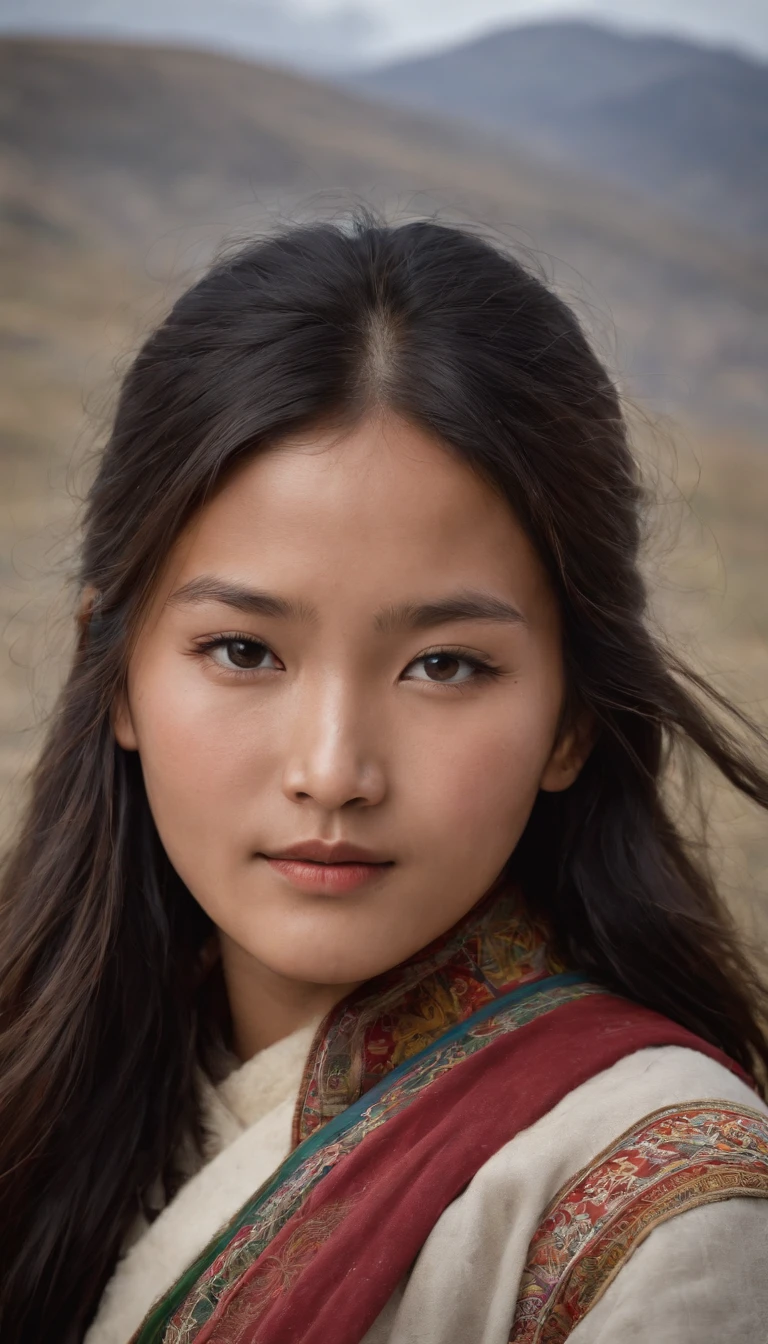 Tibetan cute girl,Tibetan snow ,1970's,White smoke,Full of movement ,hasselblatt,National Geographic photo,Semi-body shot, high-quality photo
