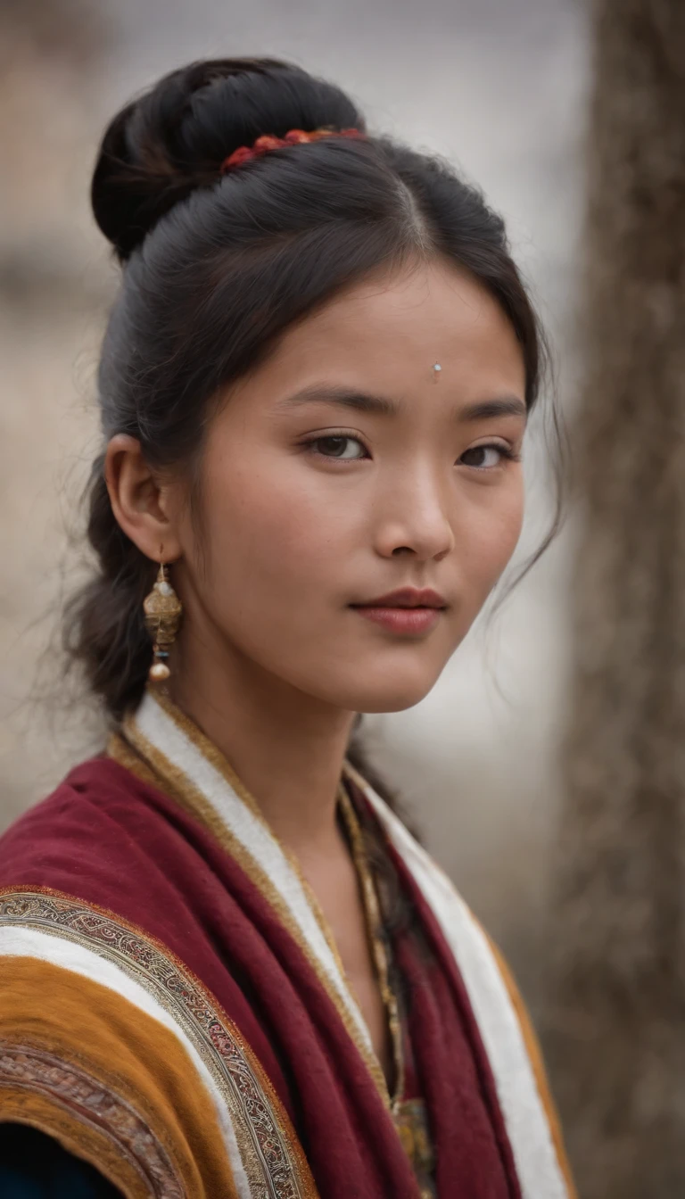Tibetan cute girl,Tibetan snow ，1970's，White smoke，Full of movement ，hasselblatt，National Geographic photo，Semi-body shot, high-quality photo