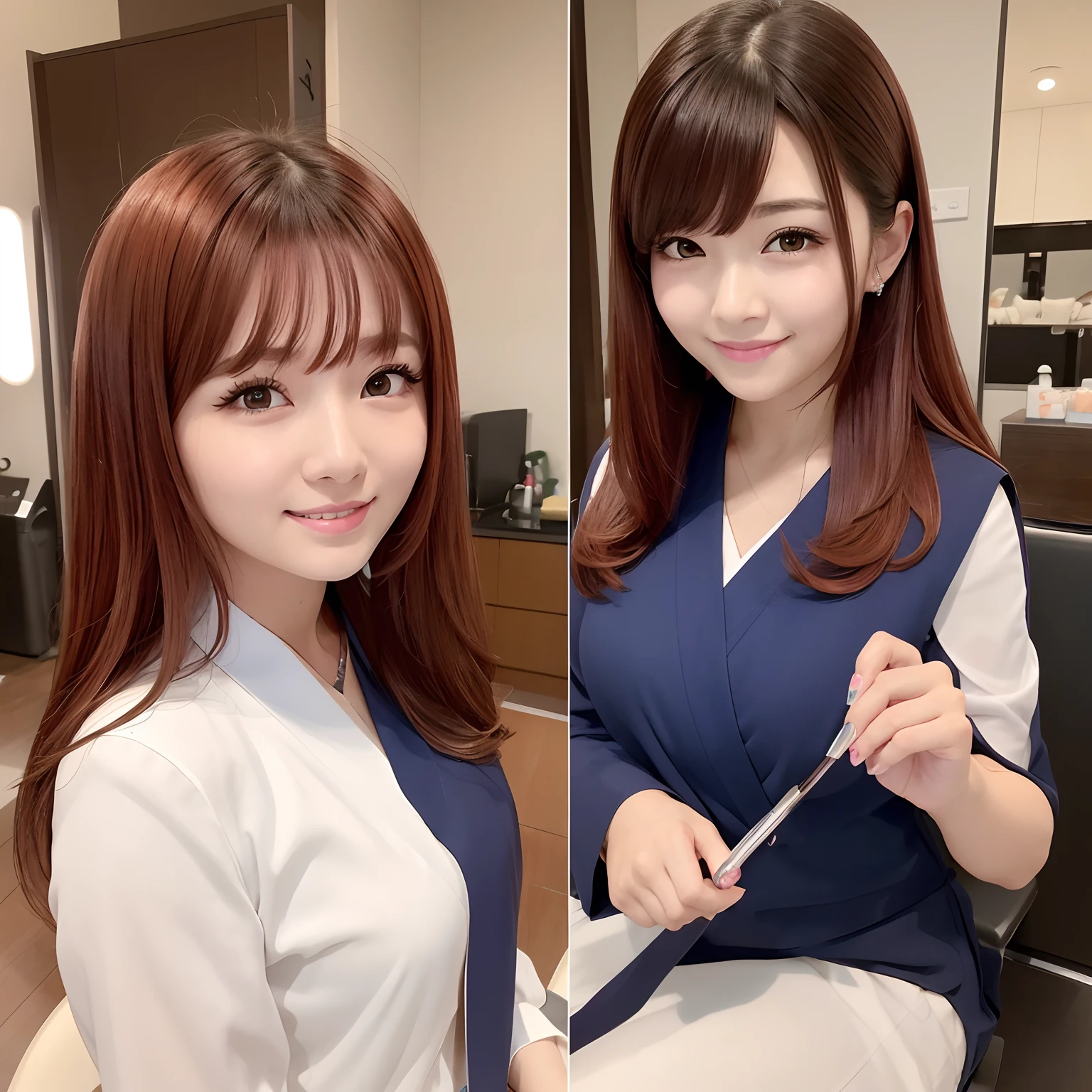 beautician、shiny hair with a slight reddish tinge,、小柄、The face is small、An ultra-high picture quality、Realistic Japan、a smile