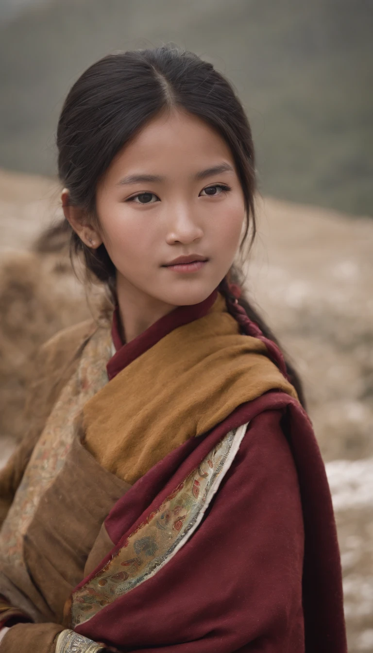 Tibetan cute girl,Tibetan snow ,1970's,White smoke,Full of movement ,hasselblatt,National Geographic photo,Semi-body shot, high-quality photo