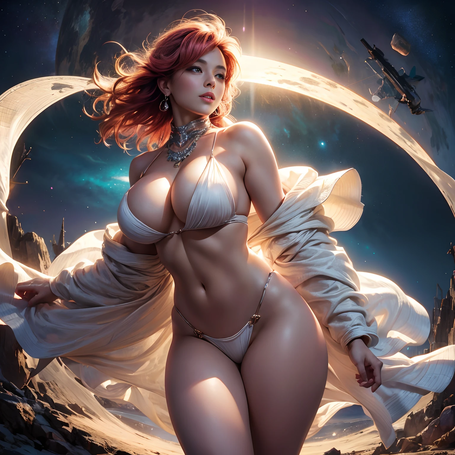 beautiful digital works of art, fantasy gorgeous lighting, gorgeous digital art, stunning digital illustration, digital fantasy art, 3 D rendering character art 8 K, High resolution, detailed digital art, ethereal fantasy, NSFW, 1girl in, Beautiful smile, Cowboy Shot, Balanced figure with a length of 7 heads, Perfect growth, beautiful curves, Sexy, Pink hair, Curly Long Hair, Woman with shining light, Beautiful face, Detailed face, Perfect beautiful proportions, Huge breasts, thin waist, Navel, Big butt, Swollen buttocks, Gaps between the legs, thighs thighs thighs thighs, Long legs, (White and yellow dresses: 1.2), Translucent cloak robes, Floating in space there, She spreads her arms and takes a deep breath, She is a goddess (Terrible wind: 1.8), (Her hair and clothes get messy: 1.8), Her skin is exposed, She is sexy, The background is space, In the Dark, many stars, some background blur, Front light: 1.2, Face Light: 1.2,