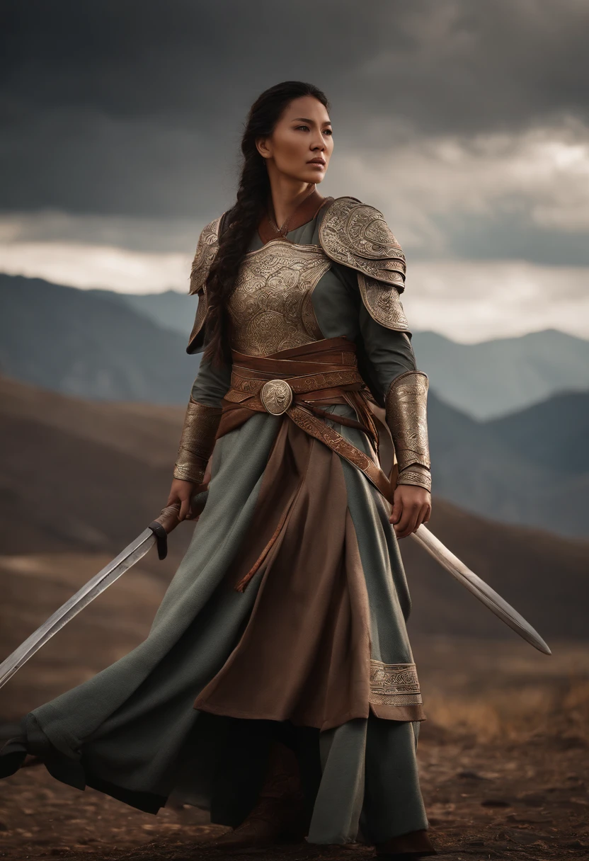 Generate image depicting Khutulun, the Mongolian princess as the badass granddaughter of Genghis Khan. Show her in a powerful and confident stance. cinematic film still, centered, close-up, selective focus on, ancient Gutian Warriors, background Mountain Pass, Fierce, Dynamic Lines, Earthy Browns, Stormy Clouds Gathering, breathtaking, photo-realism, bokeh effect, extremely detailed, Ultra HD, Canon EOS R6 Mark II, award-winning, Professional, 8k, stylize 1000 chaos 20, perfect composition, beautiful detailed intricate insanely detailed octane render trending on artstation, 8 k artistic photography, photorealistic concept art, soft natural volumetric cinematic perfect light, Miki Asai Macro photography, close-up, hyper detailed, trending on artstation, sharp focus, studio photo, intricate details, highly detailed, by greg rutkowski