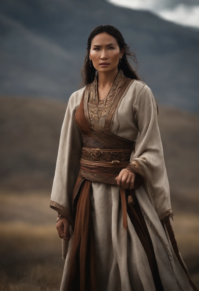 Generate image depicting Khutulun, the Mongolian princess as the badass granddaughter of Genghis Khan. Show her in a powerful and confident stance. cinematic film still, centered, close-up, selective focus on, ancient Gutian Warriors, background Mountain Pass, Fierce, Dynamic Lines, Earthy Browns, Stormy Clouds Gathering, breathtaking, photo-realism, bokeh effect, extremely detailed, Ultra HD, Canon EOS R6 Mark II, award-winning, Professional, 8k, stylize 1000 chaos 20, perfect composition, beautiful detailed intricate insanely detailed octane render trending on artstation, 8 k artistic photography, photorealistic concept art, soft natural volumetric cinematic perfect light, Miki Asai Macro photography, close-up, hyper detailed, trending on artstation, sharp focus, studio photo, intricate details, highly detailed, by greg rutkowski