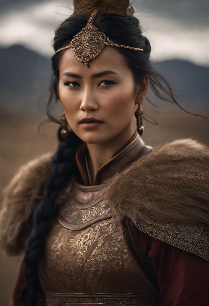 Generate image depicting Khutulun, the Mongolian princess as the badass granddaughter of Genghis Khan. Show her in a powerful and confident stance. cinematic film still, centered, close-up, selective focus on, ancient Gutian Warriors, background Mountain Pass, Fierce, Dynamic Lines, Earthy Browns, Stormy Clouds Gathering, breathtaking, photo-realism, bokeh effect, extremely detailed, Ultra HD, Canon EOS R6 Mark II, award-winning, Professional, 8k, stylize 1000 chaos 20, perfect composition, beautiful detailed intricate insanely detailed octane render trending on artstation, 8 k artistic photography, photorealistic concept art, soft natural volumetric cinematic perfect light, Miki Asai Macro photography, close-up, hyper detailed, trending on artstation, sharp focus, studio photo, intricate details, highly detailed, by greg rutkowski
