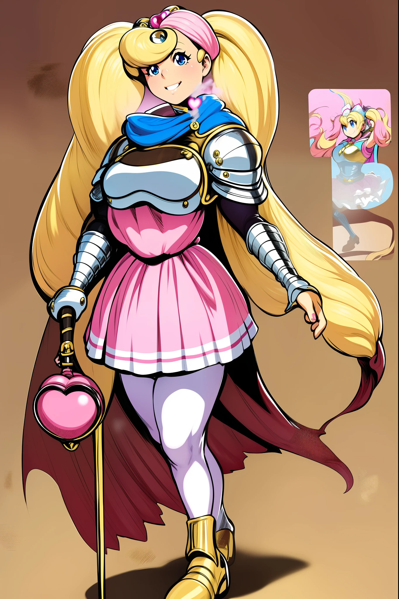 skirt vest, pantyhose, twintail, long hair, blond hair, knight, medium breast,honey lucmore,blue eyes,, walking, staff holding, cape,smile, 1character, 1girl, walking, magical girl,, solo focus, one character,pink lips, palading armor, knight