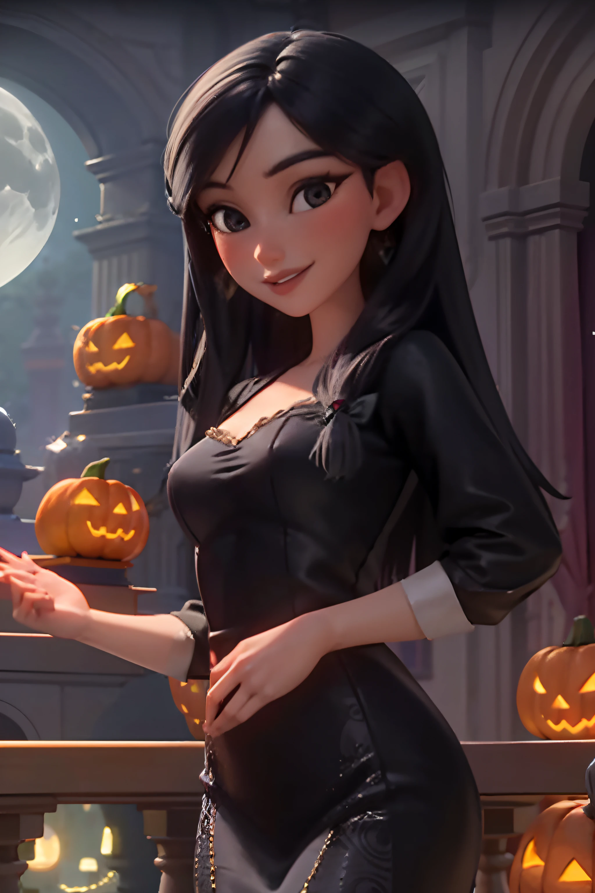 portrait, looking at viewer, smile, parted lips,
1girl, solo, floral pattern dress , velvet gown, medium breasts, jewelry,
outdoors, courtyard, 
volumetric lighting, masterpiece, best quality,White style of a Disney Pixar cartoon, lavender wavy hair, grey eyes, black silk dress dancing infront of a historic haunted mansion , digital illustration, high resolution, pumpkins , halloween pumkins,white ghosts flying around , ominous vibes,smoke, prism and glitter, full moon,magical