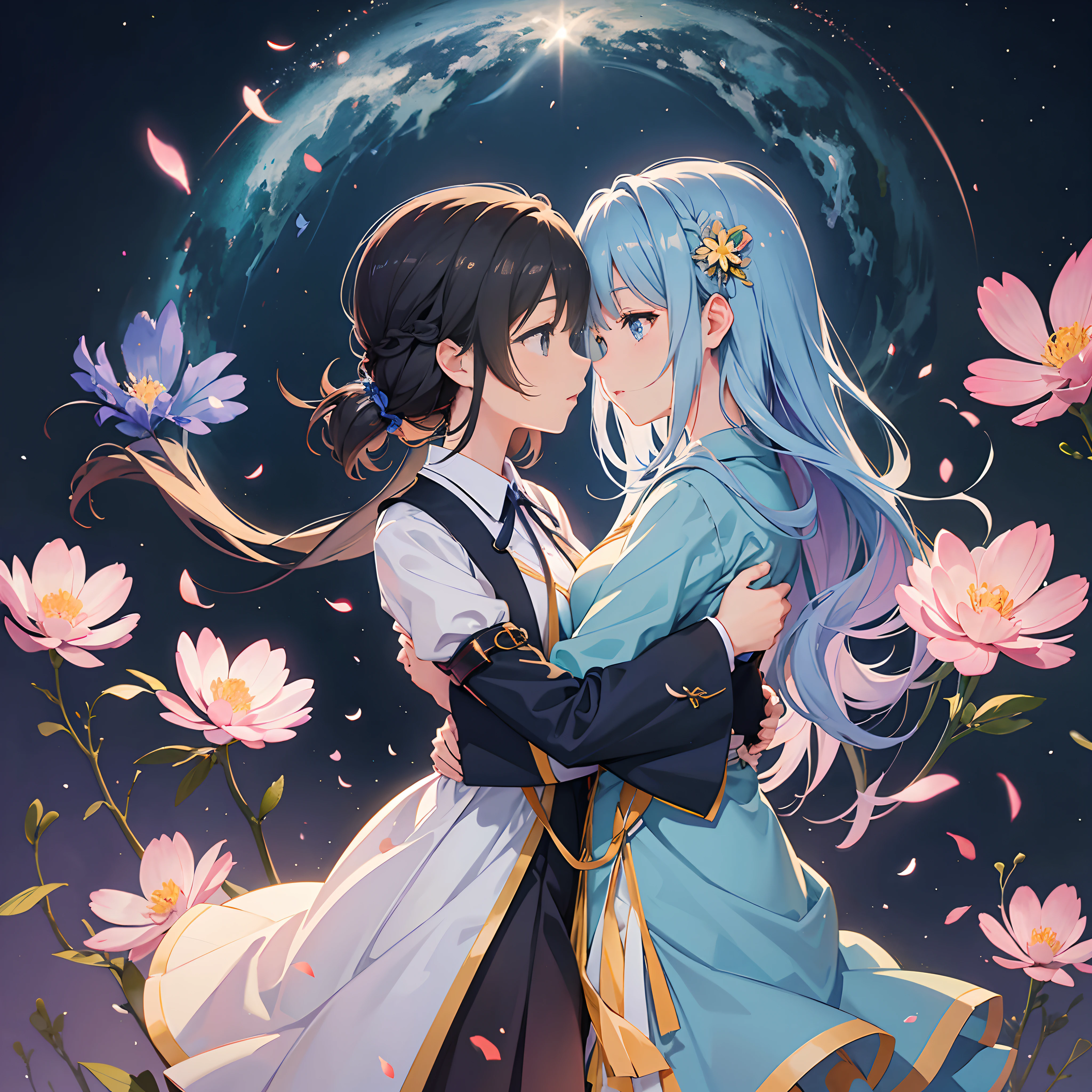 Kyoto Animation, (flower cosmos:1.5, High school girls dancing in the blooming cosmos、), extraordinary masterpiece, Highest quality:2, Detail description:1.3, Portraits that convey emotion, v-ray rendering, octane rendering, High dynamic range:1.3, Cinematic lighting:1.2, Catchlight Eyes:1.2,