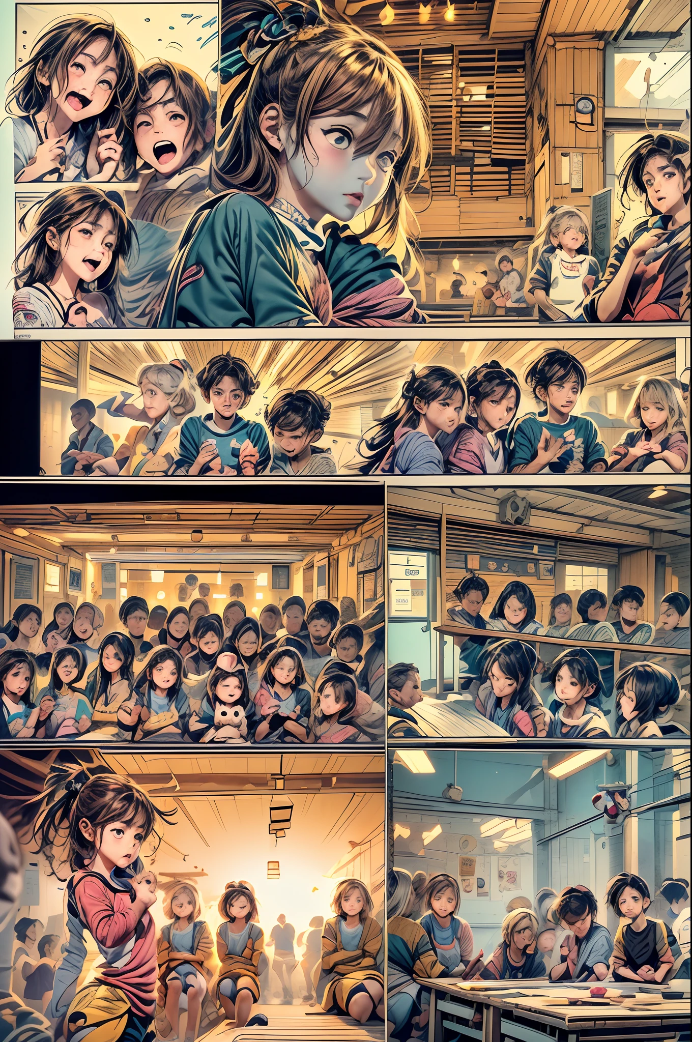 A captivating Comic Strip in a 1.8 aspect ratio, set in a school with an anime theme. There is no text, but the scenes tell a compelling story of friendship and adventure among a group of students. The style is reminiscent of Japanese anime manga, with expressive characters and vibrant backgrounds, evoking a sense of nostalgia and excitement.