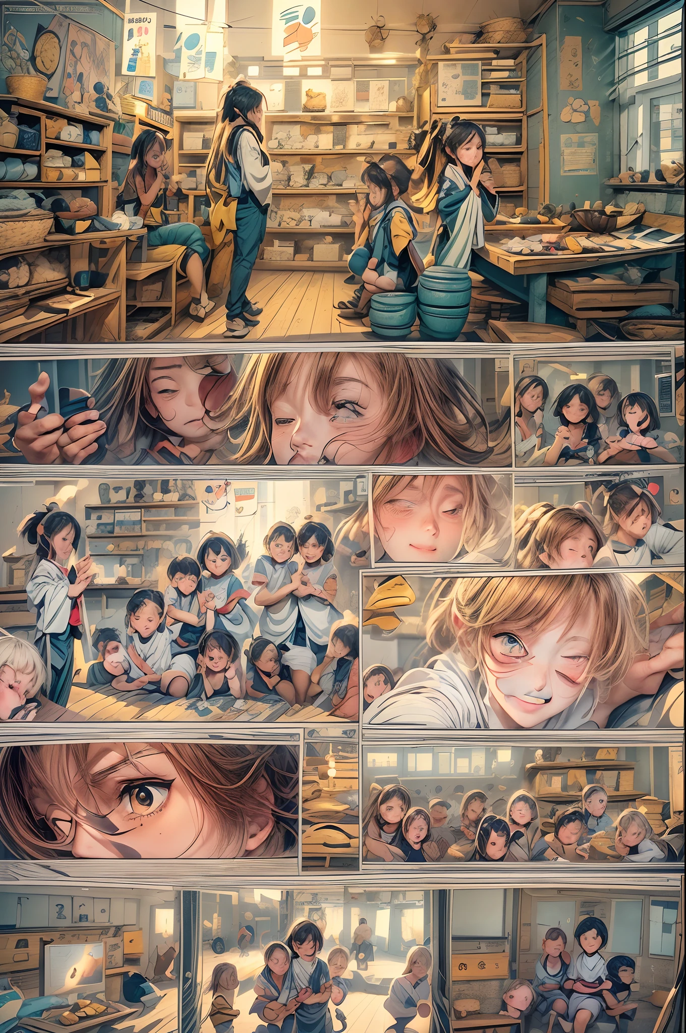 A captivating Comic Strip in a 1.8 aspect ratio, set in a school with an anime theme. There is no text, but the scenes tell a compelling story of friendship and adventure among a group of students. The style is reminiscent of Japanese anime manga, with expressive characters and vibrant backgrounds, evoking a sense of nostalgia and excitement.