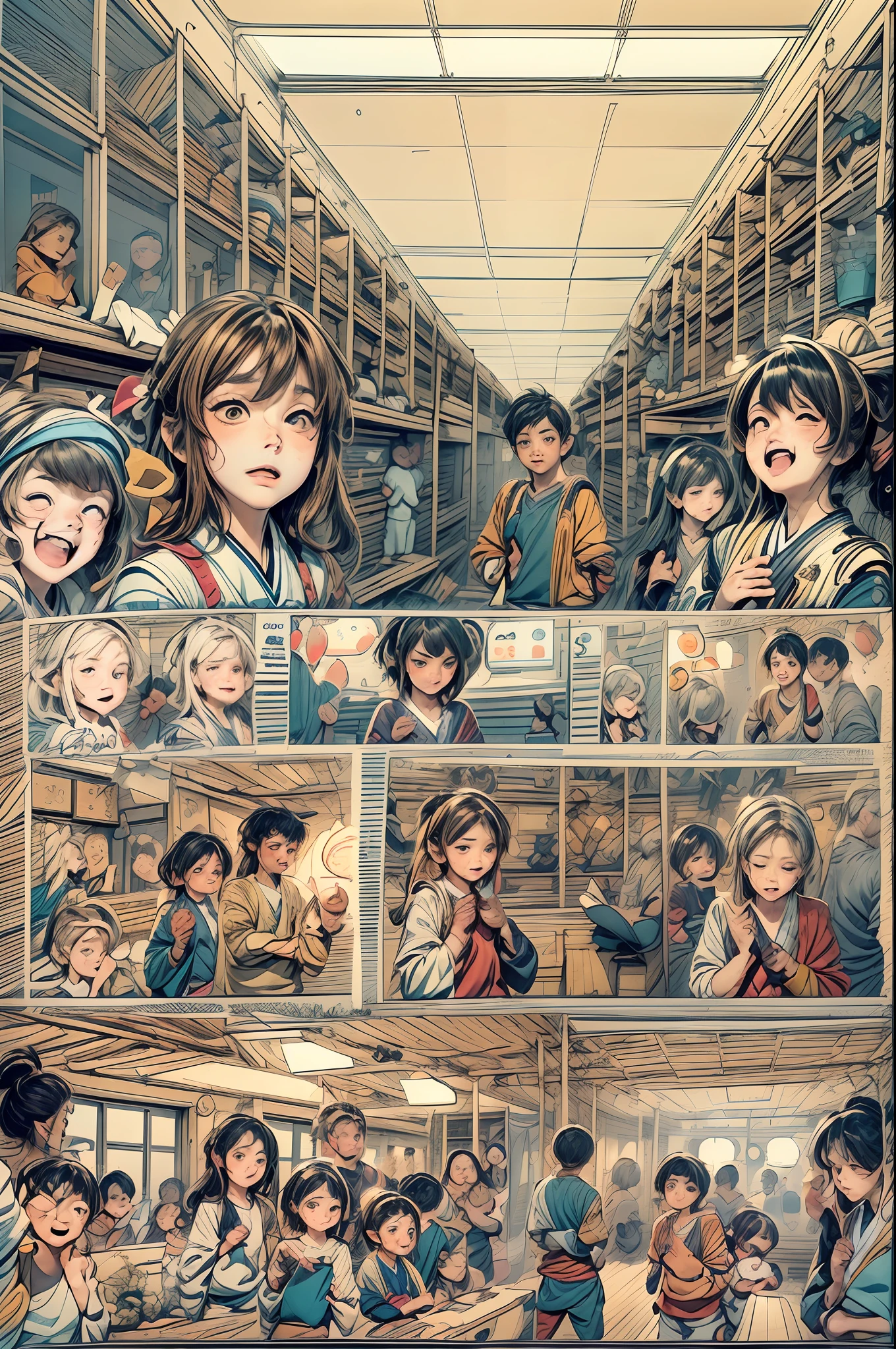 A captivating Comic Strip in a 1.8 aspect ratio, set in a school with an anime theme. There is no text, but the scenes tell a compelling story of friendship and adventure among a group of students. The style is reminiscent of Japanese anime manga, with expressive characters and vibrant backgrounds, evoking a sense of nostalgia and excitement.