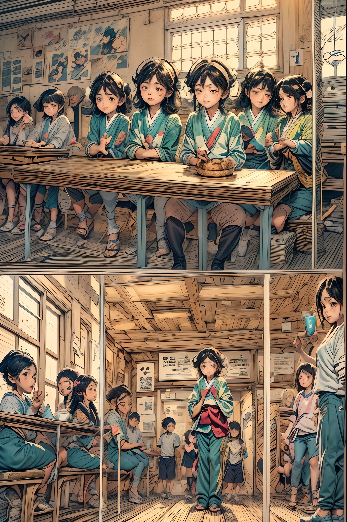 A captivating Comic Strip in a 1.8 aspect ratio, set in a school with an anime theme. There is no text, but the scenes tell a compelling story of friendship and adventure among a group of students. The style is reminiscent of Japanese anime manga, with expressive characters and vibrant backgrounds, evoking a sense of nostalgia and excitement.