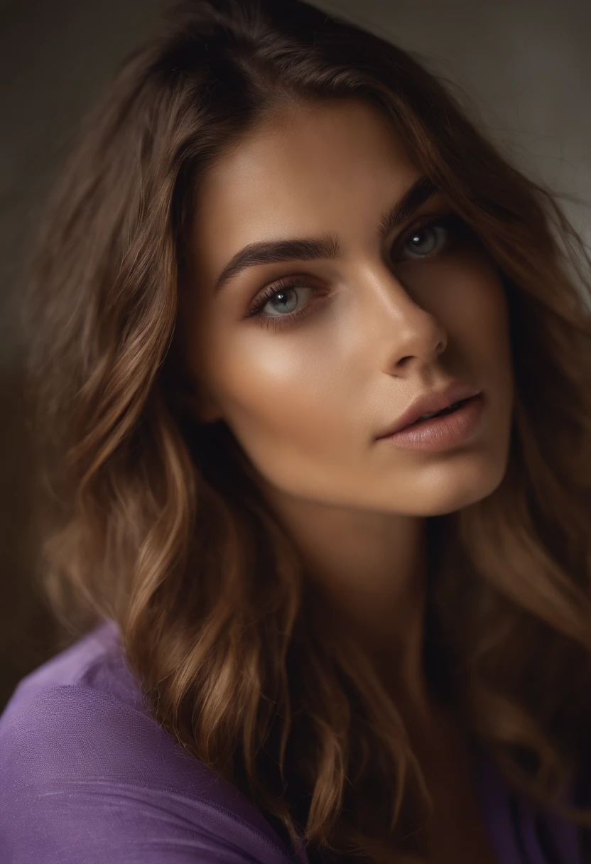 Femme arafed dans des seins visibles nus convenables , Kukami garde les cheveux et les culottes petits, fille sexy aux yeux bruns, Portrait de Kaia Gerber , cheveux bruns et grands yeux, selfie of a young woman, Yeux de chambre, Violet Myers, pas de maquillage, maquillage naturel, looking straight at camera,, dans la chambre, décolleté, bien en chair, , grosses cuisses , gros seins