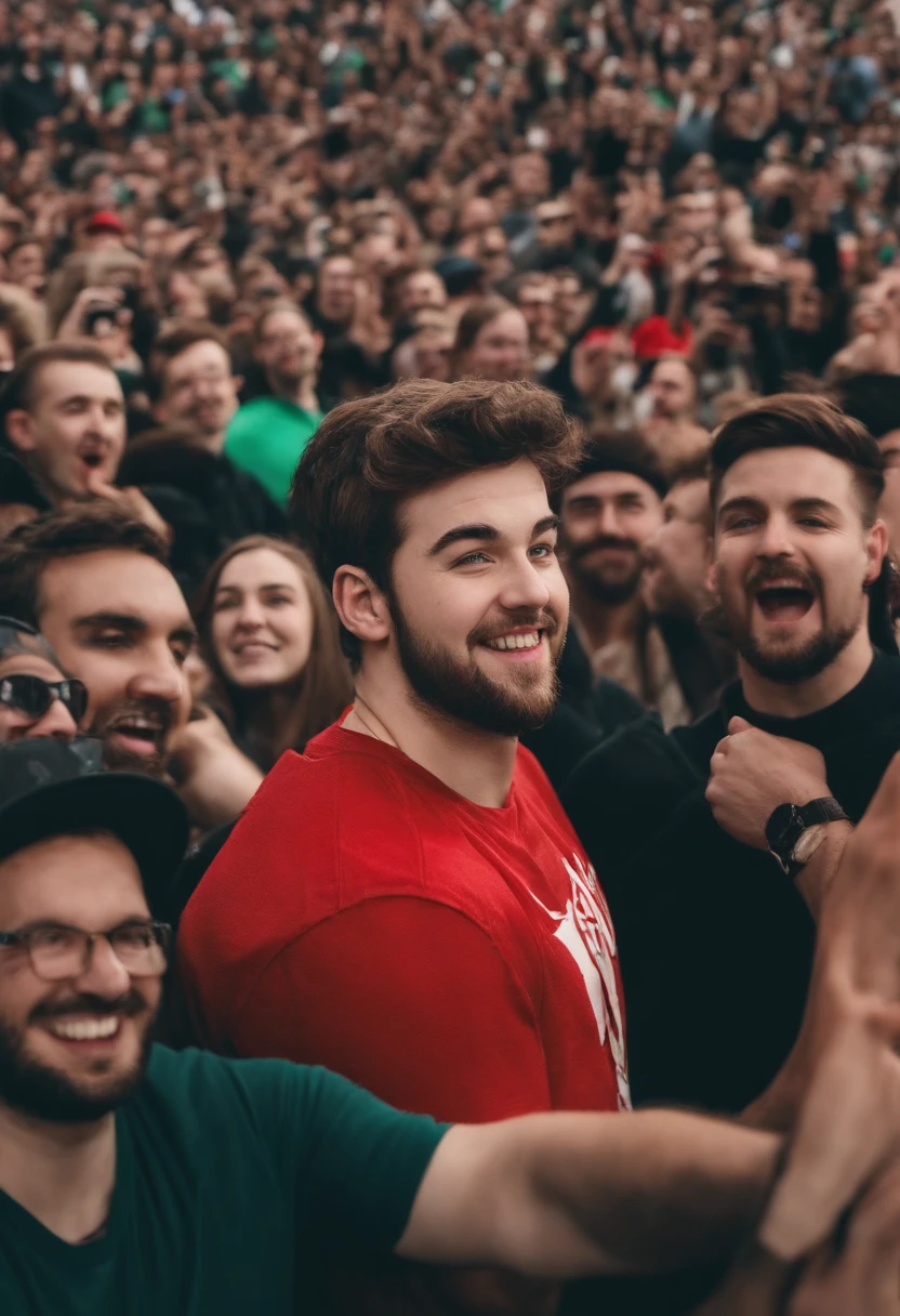 Imagem de um homem com uma jaqueta vermelha na frente de um grande grupo de pessoas, Mrbeast, Sr. Fera, Atarracado, huge crowd, in front of a large crowd, irish youtuber, Sam Hyde, inspirado em Dan Content, massive crowd, furafinidade!!!!, giant crowd, neckbeard, Jacksepticeye, youtuber, Jontron