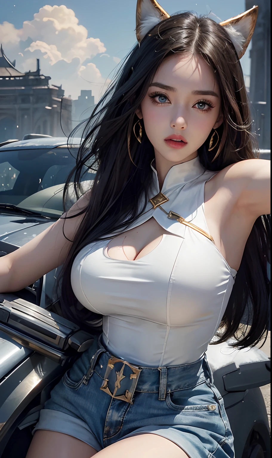 Sexy goddess，best qualityer，Snow-whiteskin，8K high quality，Sexy goddess，A pair of big eyes are beautiful and moving，White skin，Makeup，Sexy outfit，aerial shot，Volt view，Look up，Armed with futuristic modern weapons，gold；jewely；Blue Electric，Space-time gate，milky ways，Space vehicles，【Background with】Large gears，Large gears，Doomsday ruins，Giant tornado，Strange sky，Lightning Thunder，The setting sun burns the dark clouds，Multiple planets，The end of the world，Multiple planets，Mards，Jupiter，Mercury，Strange sky，The Eiffel Tower，Egyptian pyramids，Great Wall of China，Giant Tornado ultra-futuristic car，Cool headlights
Wait for the start of Sexy Goddess，best qualityer，Snow-whiteskin，8K high quality，Sexy goddess，A pair of big eyes are beautiful and moving，White skin，Makeup，Sexy outfit，aerial shot，Volt view，Armed with futuristic modern weapons，gold；jewely；Blue Electric，【Background with】Large gears，Large gears，Doomsday ruins，Giant tornado，Strange sky，Lightning Thunder，The setting sun burns the dark clouds，Multiple planets，The end of the world，Multiple planets，Mards，Jupiter，Mercury，Strange sky，The Eiffel Tower，Egyptian pyramids，Great Wall of China，Giant Tornado ultra-futuristic car，Cool headlights(Best quality, 8K, Masterpiece :1.3), (Realistic, Photorealistic: 1.37), (1girll), (Beautiful woman in her 20s), (Slim), (Emphasis on slender abs :1.3), (Japanese), (Loose white shirt, tight denim shorts，Highlight her big buttocks), (Random pose), (Wet body), (Long hair, Random hairstyle), (Large breasts :1.3), (Outdoors), (Ultra-detailed face), (Detailed eyes), (Double eyelids), (Eyeshadow strengthening), (Many eyelashes), (Long legs), (Professional lighting), (photon maping), (Radio City), (head straight-looking at viewer)woman with，golden curly hair，blue color eyes，White fox ears，Realistic visuals of black tight dress，attractive beautiful，dramatic contrast，Gentle lighting，Delicate warmth，the soft light，hyper HD，Extremely colorful，best qualityer，Snow-whiteskin，8K high quality，Sexy goddess，A p