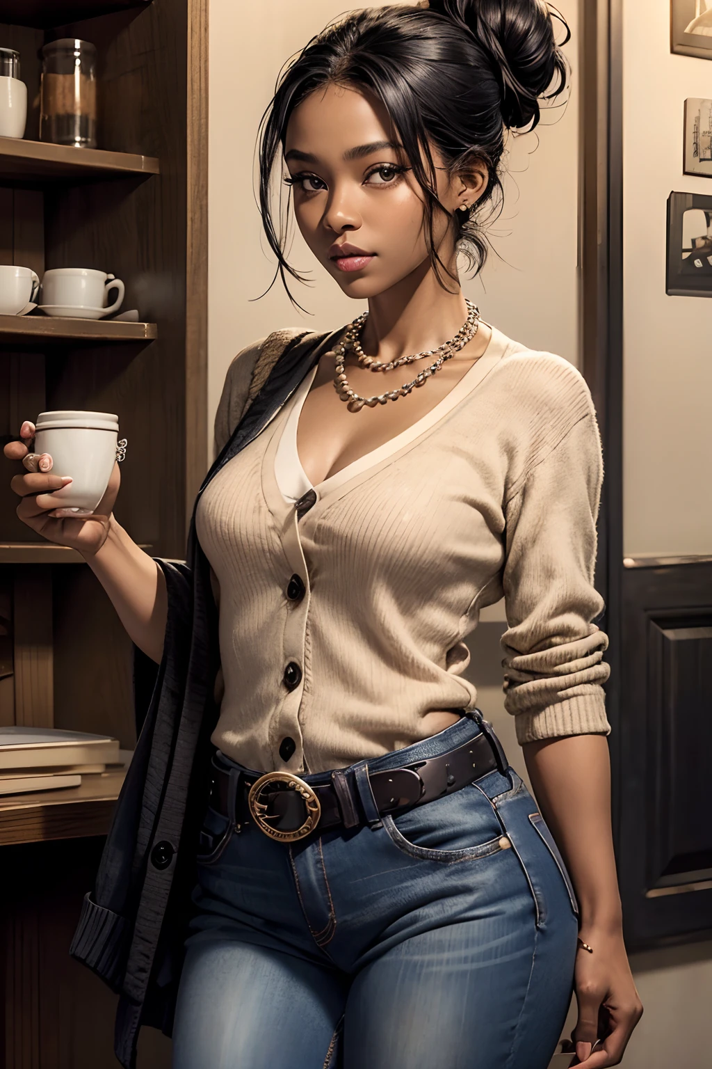 black skin woman, short eyes, button nose, small chest, black cardigan, western belt, jeans, cup B, thick lips, , 34 ages, put her hair up in a bun, pearl neckless, hollow cheeks, wide set eyes, small hip