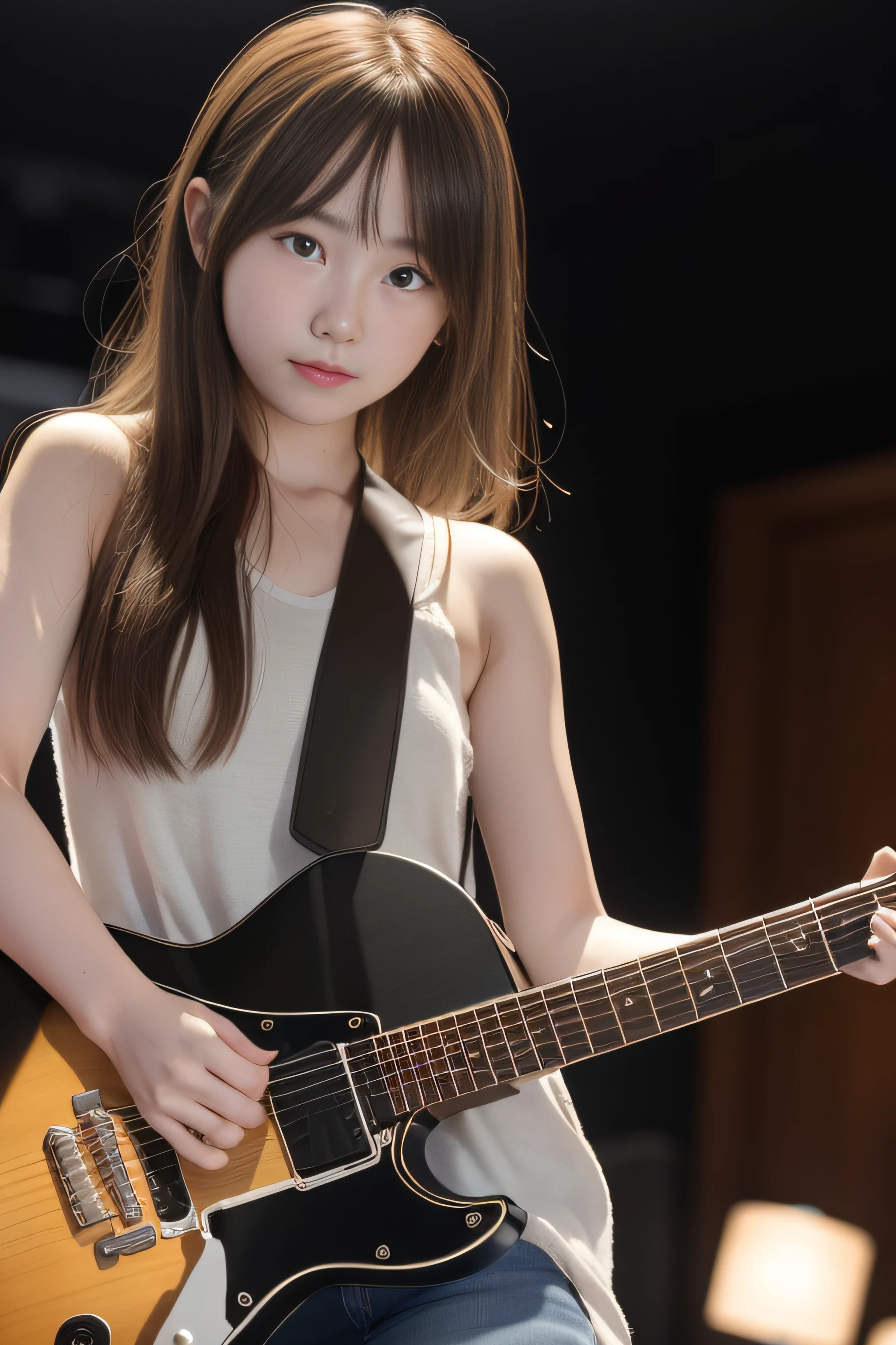top-quality、masterpiece、超A high resolution、(Photorealsitic:1.4)、Raw photo、1girl in, 18year old, japanes, Longhaire, Big beautiful eyes, electric guitars, Live House Background, solofocus, (depth of fields, Ambient lighting, Blurred foreground, blurry backround:1.3), Atmosphere, Light flare, intricate detailes, enhanced lighting、Two arms
