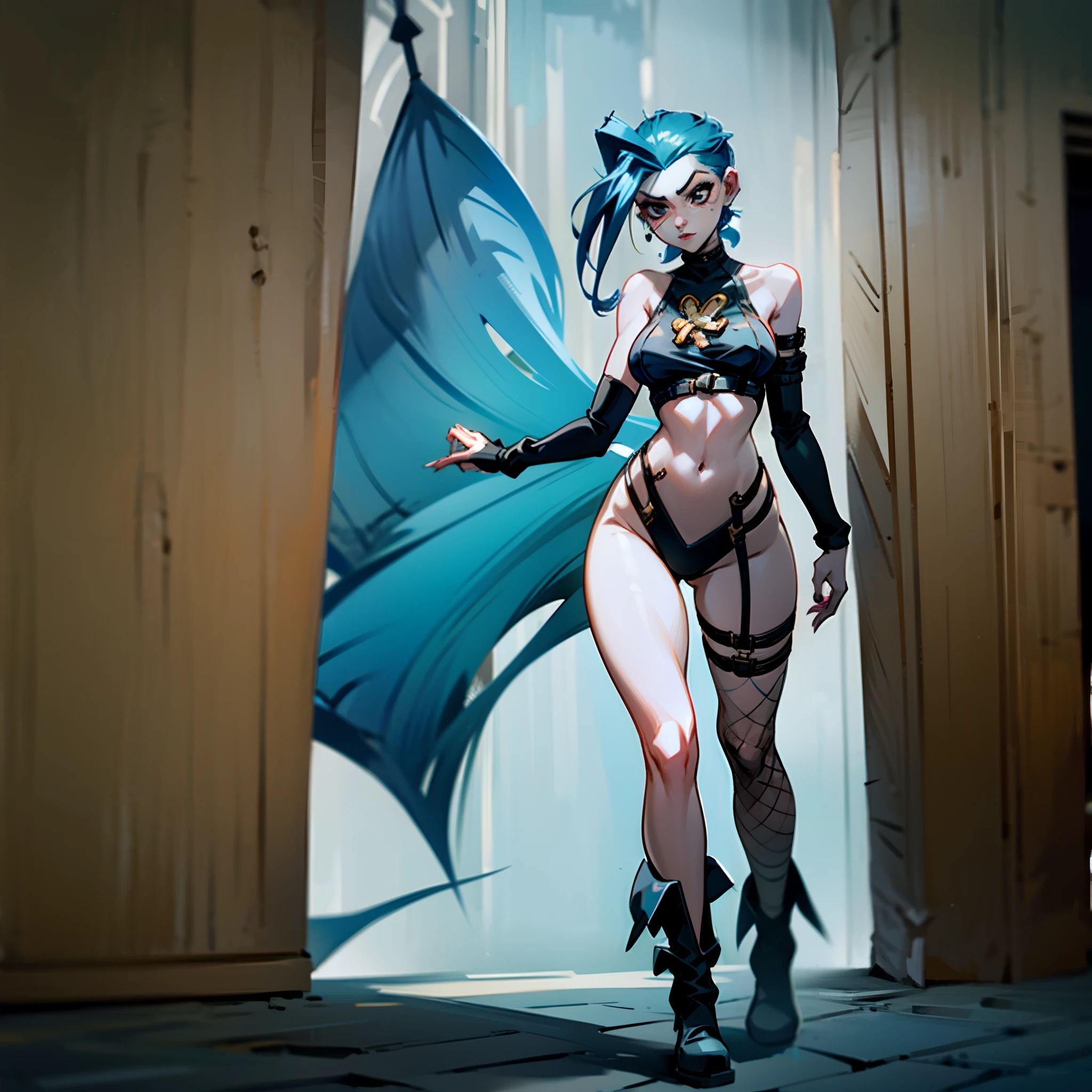 Full body of the character，The character has a large range of movement，The character is Jinx in League of Legends，blue hairs，chiquita，Thin stature，smokes，Draped in an oversized sweatshirt with zippers, but underneath erotic lingerie and fishnet stockings，There are thick dark circles on the face，Nipple patches，Standing in a homeless gathering place is like a prostitute picking up customers at an intersection late at night