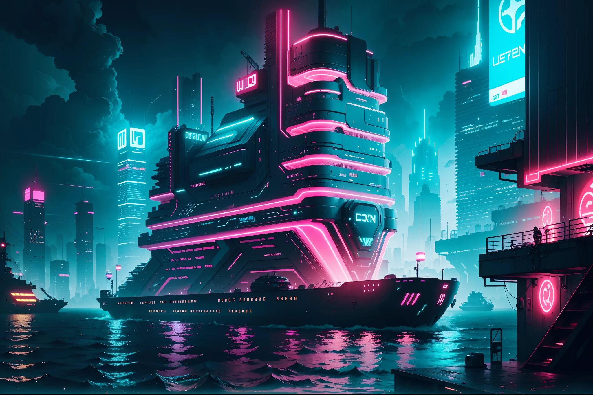 Cyberpunk Floating city, A neon city built on water, neon water effects, cyberpunk neon city on water 24K UHD display graphics, wide angle shot, red neon glowing and shining effects, green AI computer plaza build on water, ocean, sea