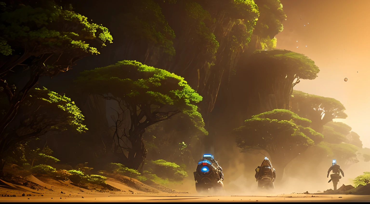 Create an epic, immersive 8k resolution illustration depicting a rustic, unexplored planet in the Outer Rim, envolto em um clima sombrio e misterioso. O foco principal da imagem deve ser a cena de pousagem da nave espacial da equipe de exploradores: Dr. Jason Thorp, Alana Oliveira, Josh Fernandes e Ashley Folk. Os exploradores devem estar vestindo trajes espaciais, mas sem capacetes, in poses that convey determination and reflection, olhando para o horizonte do planeta desconhecido. No centro da imagem, Highlight the protagonists with a temporal energy radiance effect, criando uma aura intrigante ao redor deles. Eles devem parecer estar em uma pose digna de um filme de aventura espacial, with an atmosphere of mystery and discovery. The scenery around the explorers should depict the inhospitable planet with exotic vegetation, similar to the Amazon Rainforest, mas com um toque futurista e elementos cyberpunk. Space exploration equipment should be scattered around the area, as vehicles, drones and advanced scientific devices. Crie um ambiente visualmente intrigante, com sombras profundas e respingos de luzes brilhantes para intensificar o clima de suspense. As cores devem ser ricas e contrastantes, Catching the viewer's attention. This image should capture the essence of space exploration on an unknown planet, conveying the sense of mystery, Adventure and discovery that permeates the story. Garanta que cada detalhe contribua para a atmosfera cativante e intrigante da cena.``` This detailed prompt will aid in creating an engaging image that captures all the essential elements of your sci-fi storytelling.
