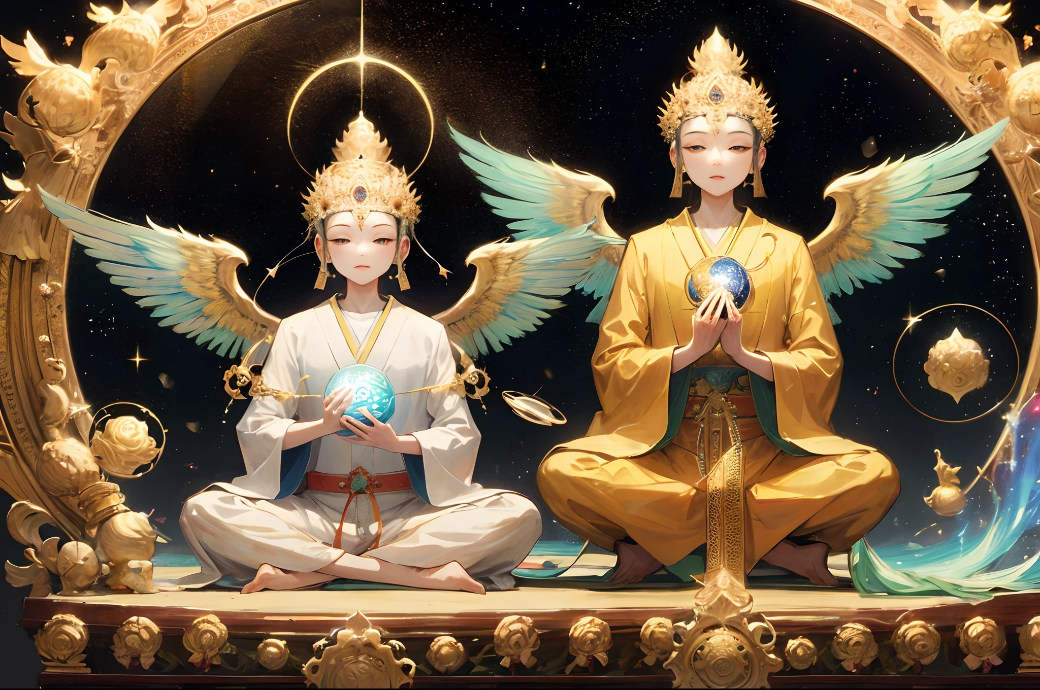 Dainichi Buddha wears a galaxy with wings of light、In his hands he holds seven sacred objects.、Creating 7 universes in sacred geometry