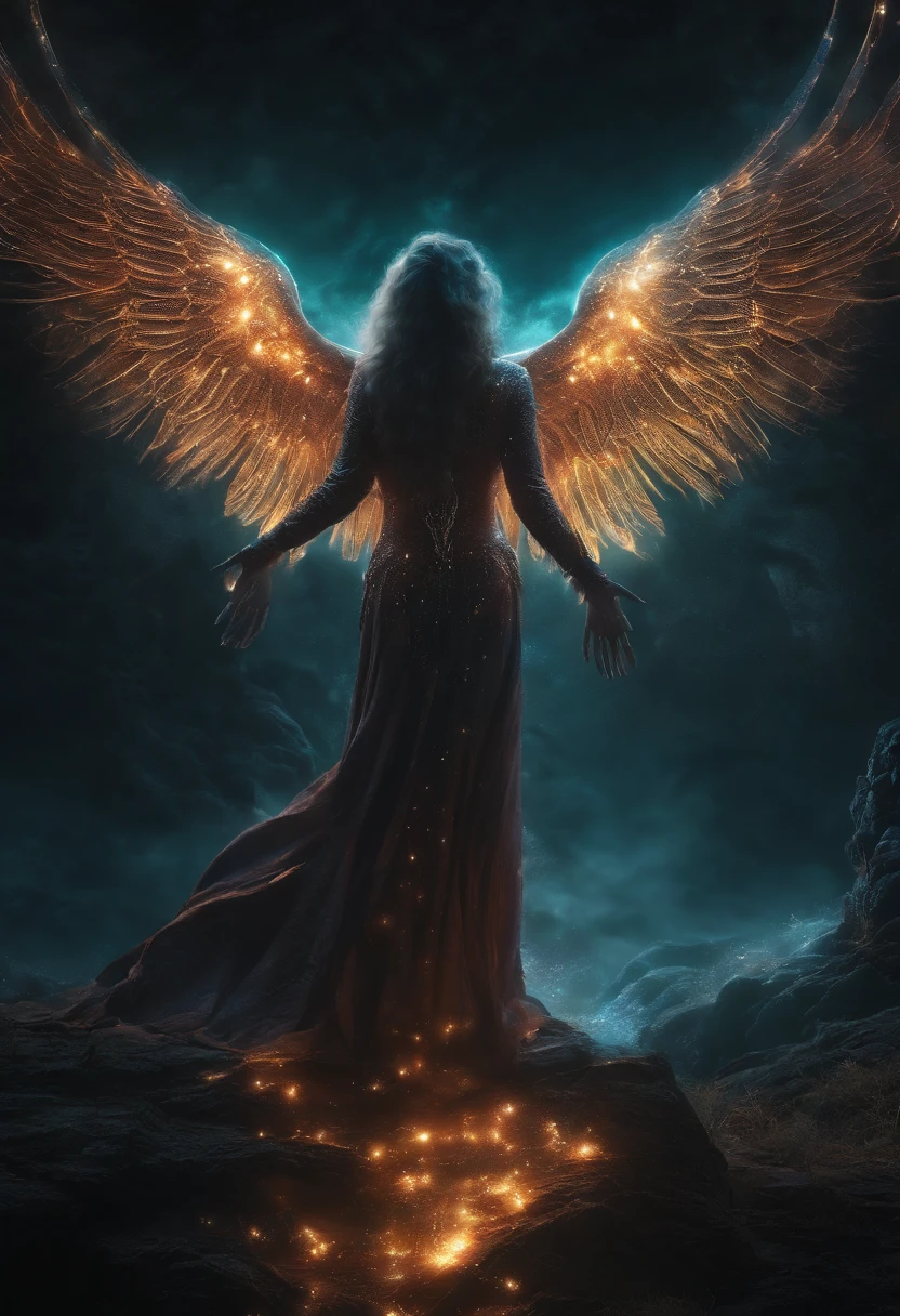 Cosmic Fallen Angel, glowing light eyes, Biomechanical, eerie, Creepy, nightmarish, Very bright colors, Light particles, with light glowing, Mshiff, wallpaper art, UHD wallpaper