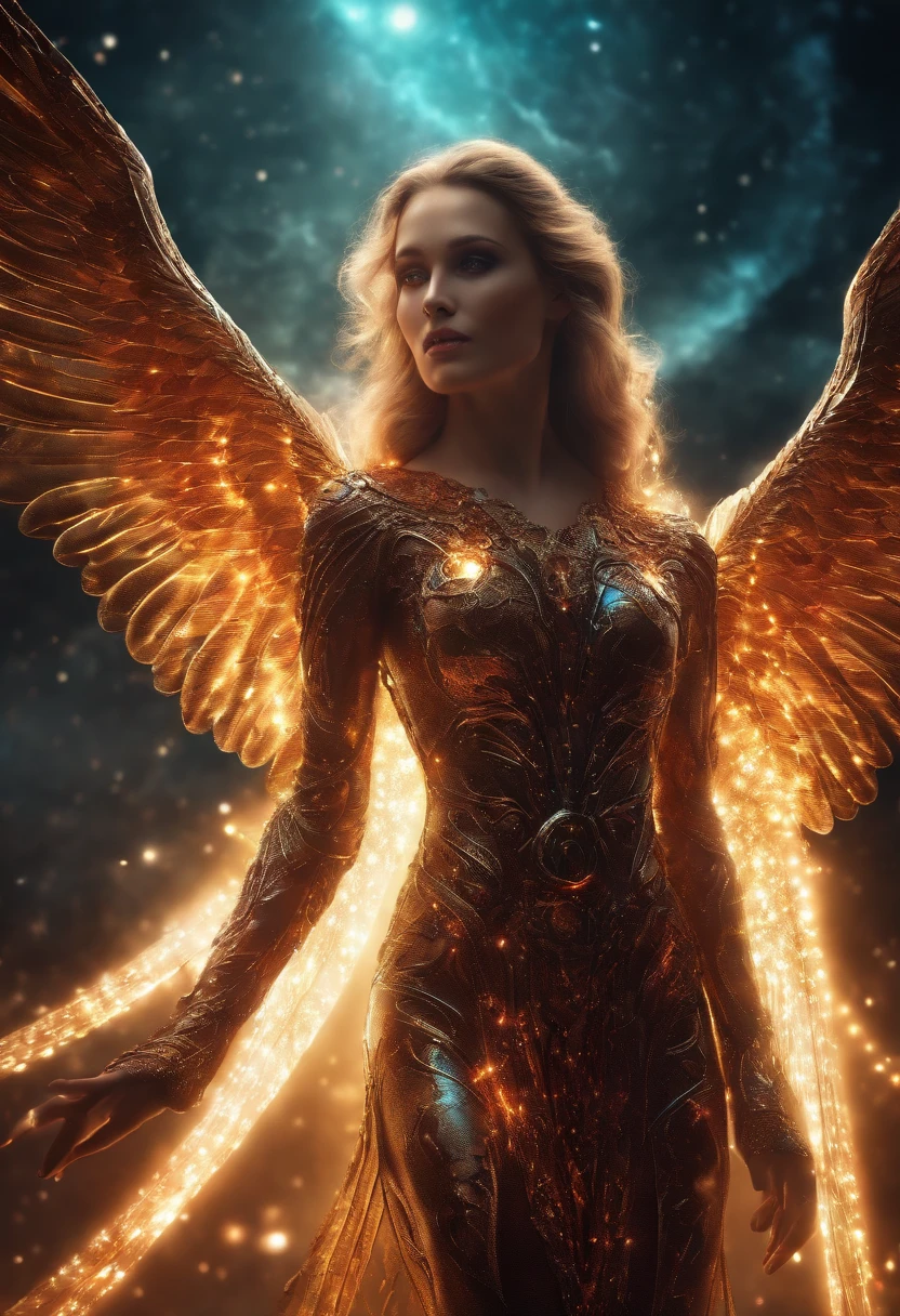 Cosmic Fallen Angel, glowing light eyes, Biomechanical, eerie, Creepy, nightmarish, Very bright colors, Light particles, with light glowing, Mshiff, wallpaper art, UHD wallpaper