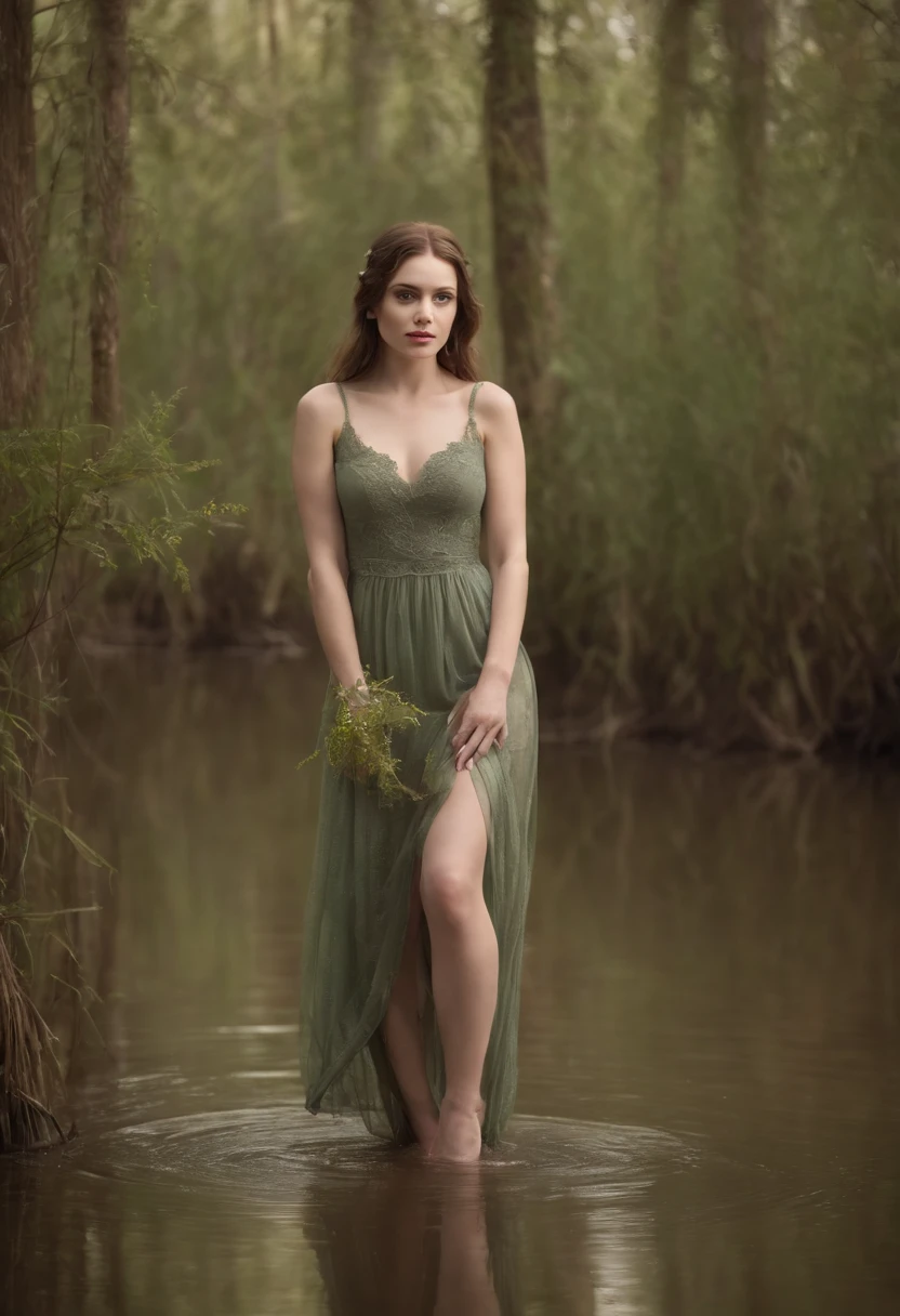 A woman in a green dress standing in a river with a bouquet - SeaArt AI
