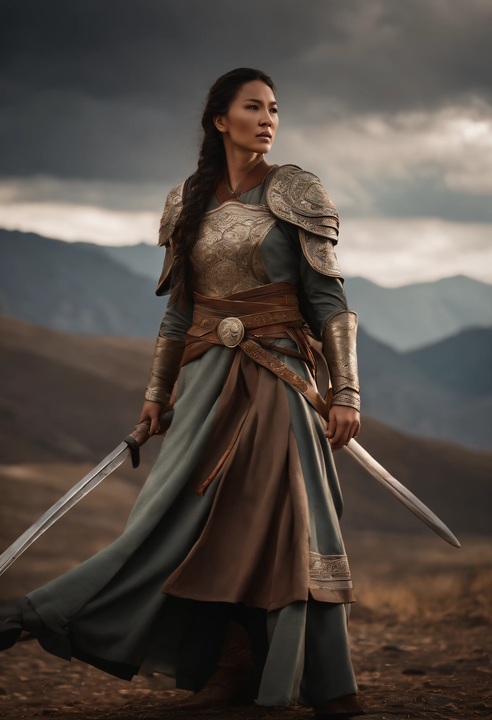 Generate image depicting Khutulun, the Mongolian princess as the badass granddaughter of Genghis Khan. Show her in a powerful and confident stance. cinematic film still, centered, close-up, selective focus on, ancient Gutian Warriors, background Mountain Pass, Fierce, Dynamic Lines, Earthy Browns, Stormy Clouds Gathering, breathtaking, photo-realism, bokeh effect, extremely detailed, Ultra HD, Canon EOS R6 Mark II, award-winning, Professional, 8k, stylize 1000 chaos 20, perfect composition, beautiful detailed intricate insanely detailed octane render trending on artstation, 8 k artistic photography, photorealistic concept art, soft natural volumetric cinematic perfect light, Miki Asai Macro photography, close-up, hyper detailed, trending on artstation, sharp focus, studio photo, intricate details, highly detailed, by greg rutkowski