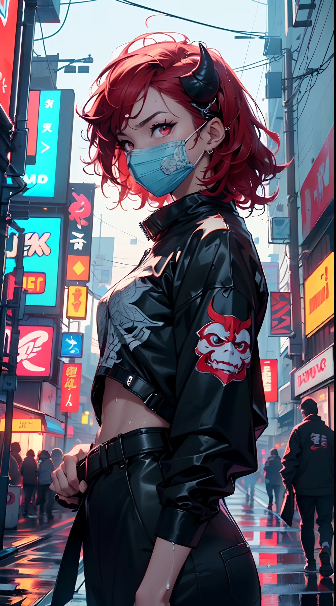 man:1.5,1 man,dwarf man,(((1man))),((man dwarf:1.5)),
(((1male,man:1.5,handsome man,male,male gender:1.5,male focus))),macho man,
((messy hair,red hair,colored inner hair)),(((red_eyes:1.2))),intricate eyes,beautiful detailed eyes,symmetrical eyes,((man dwarf)),((muscular)),((very broad shoulders and chest, dwarf body, very short stature:1.3, very small stature:1.3)),
dwarf,nsfw,
(((Hannya mask,cyberpunk oni mask, gaudi, demon mask, intricate mask))),(((detailed mask))),((masked face,covered face)),hot tone,hot,red ambiance,function style,dark style,dark fantasy,angry,cyberpunk,Japanese,samurai,intricate pattern,((wet clothes,intricate outfit,intricate clothes,intricate uniform)),
(dynamic pose:1.0),solo focus,(centered,scale to fit dimensions,Rule of thirds),
cyberpunk city by the ocean at night, with bright neon signs and dark stormy clouds and puddles, scenery:1.25,
highres, sharp focus, (ultra detailed, extremely detailed), (photorealistic artwork:1.37),(extremely detailed CG unity 8k wallpaper),((synthwave background theme)),(((vibrant colors))),(intricate background),(masterpiece),(best quality),