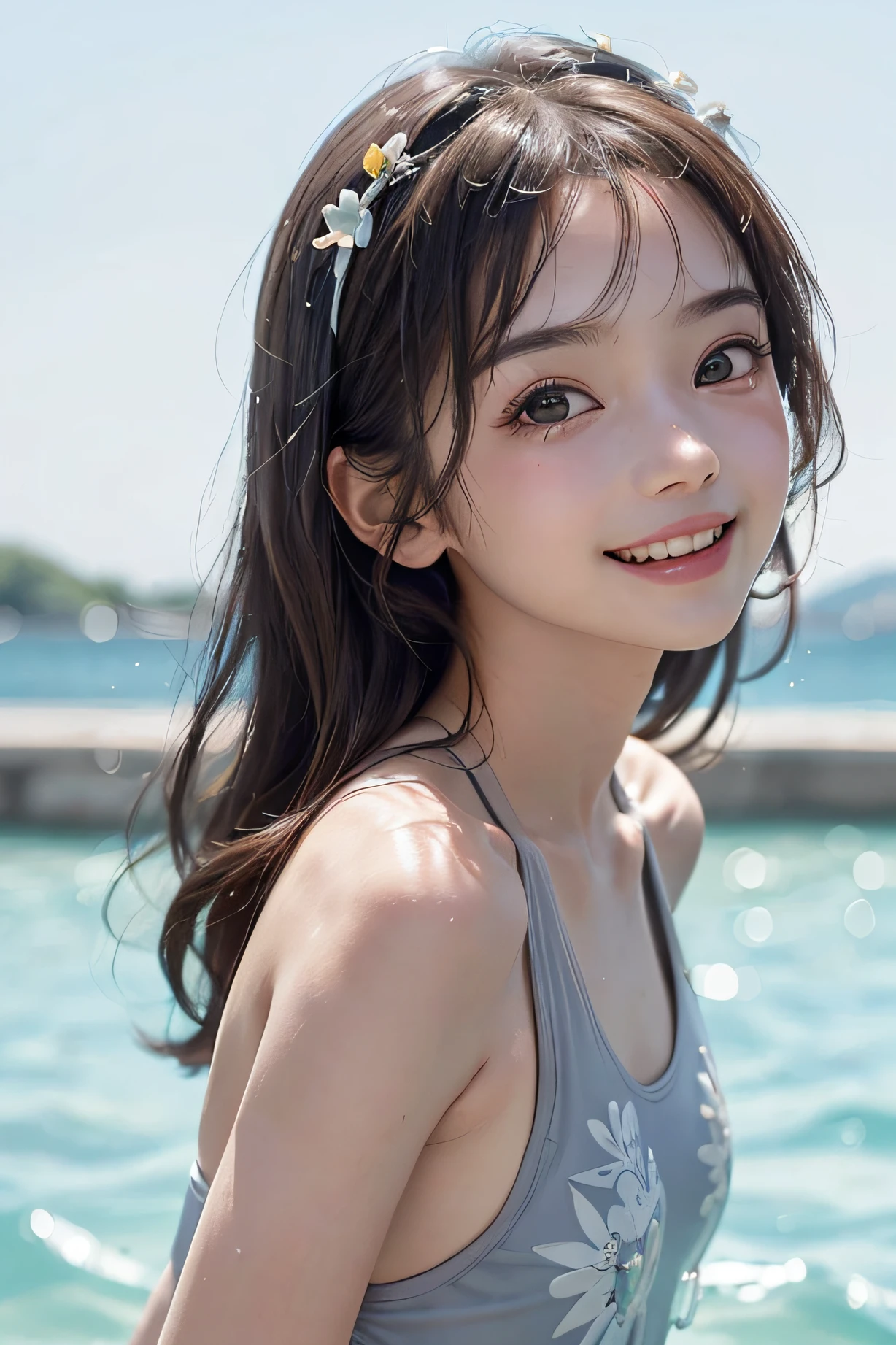 masutepiece, Best Quality, 8K, 、8ar olds, ((small tits、small and flat chest))、((big eye))、Tear bag、 ((Gray background))、soft light rays、Raw photo, absurderes, ((With smiling eyes、ssmile)), ((Opening Mouth)),((Loli face:1.9))、((The upper part of the body))、((Young Face)),((bobhair)),Solo, Daytime, ((Idol face:.1.9)), ((Delicate girl)),(( Simple one-piece swimsuit))、((Competitive Swimwear)),Digital SLR, ((Looking at Viewer)), Candid, Sophisticated, Thin arms, soft light rays、Professional Lighting, Film grain, chromatic abberation, (Eyes and faces with detailed:1.5), (Bokeh:1.1),((From Side))