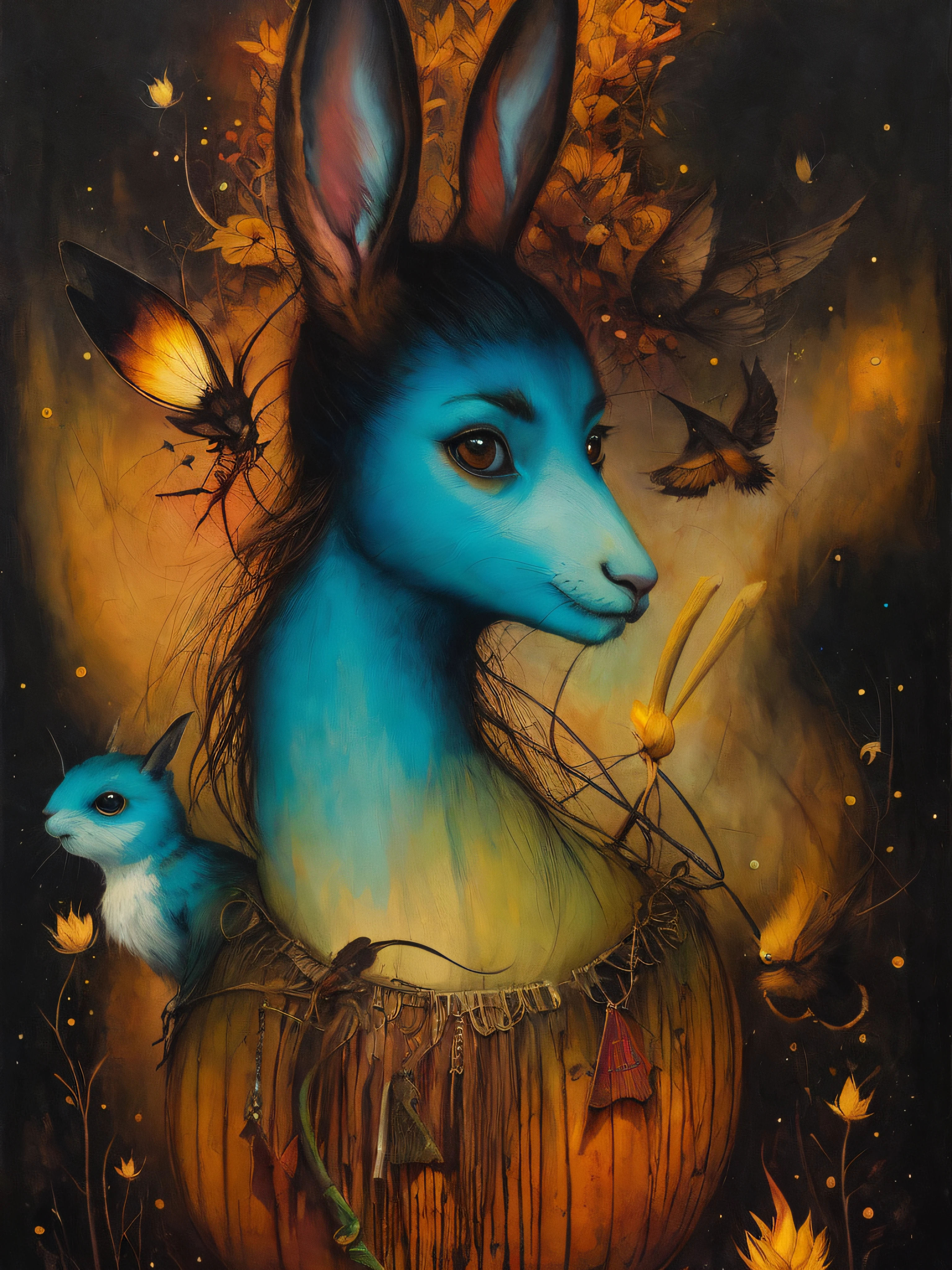 Pintura de un conejo sentado dentro de una calabaza con un cuervo en ella, Surrealismo pop lowbrow, Esao Andrews : : recargado, !!!Esao Andrews!!!, Arte de Jana Brike, por Esao Andrews, Andrews ESAO Artstyle, in style of dark fantasy art, Estilo de ESAO Andrews, inspirado por Esao Andrews, por ESAO, Estilo de Jeff Soto