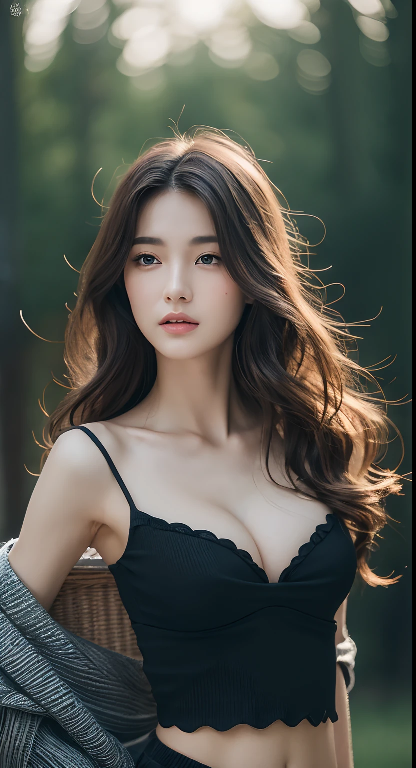 ((Top Quality, 8k, Masterpiece: 1.3)), Beauty, Hide Face, 1 Girl, Beautiful: 1.3, Slender Abs: 1.1, Camisole, Cleavage, black wavy Hair Long, Ultra Detailed Face, Highly Detailed Lips, Detailed Eyes,