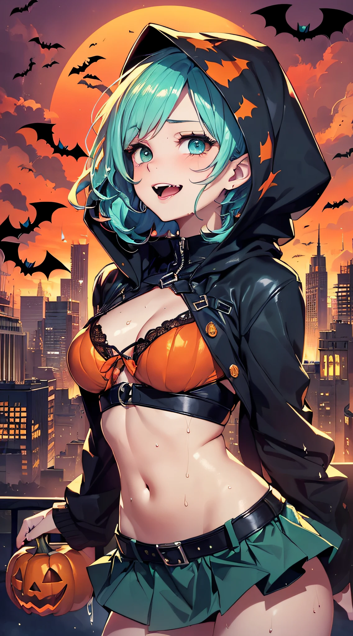top-quality、Top image quality、masterpiece、s girl((18year old,Succubus、Black and orange tattered tank top,Tattered orange and black short skirt、Tattered orange short-sleeved hoodie、Wearing a hood,Best Bust、Bust 90、Light blue shiny hair、Longhaire,Blue-green eyes、open chest wide、Valley、Happiness、A slender、the whole body is wet、Leaning forward、Prank、Laughing mouth、Pointed teeth、Black wings、Pampering))hiquality、Beautiful Art、Background with((A city scape、Red sky、Red rain,Halloween、the bats、pumpkins))、masutepiece、Elaborate design、visualart、Theatrical films