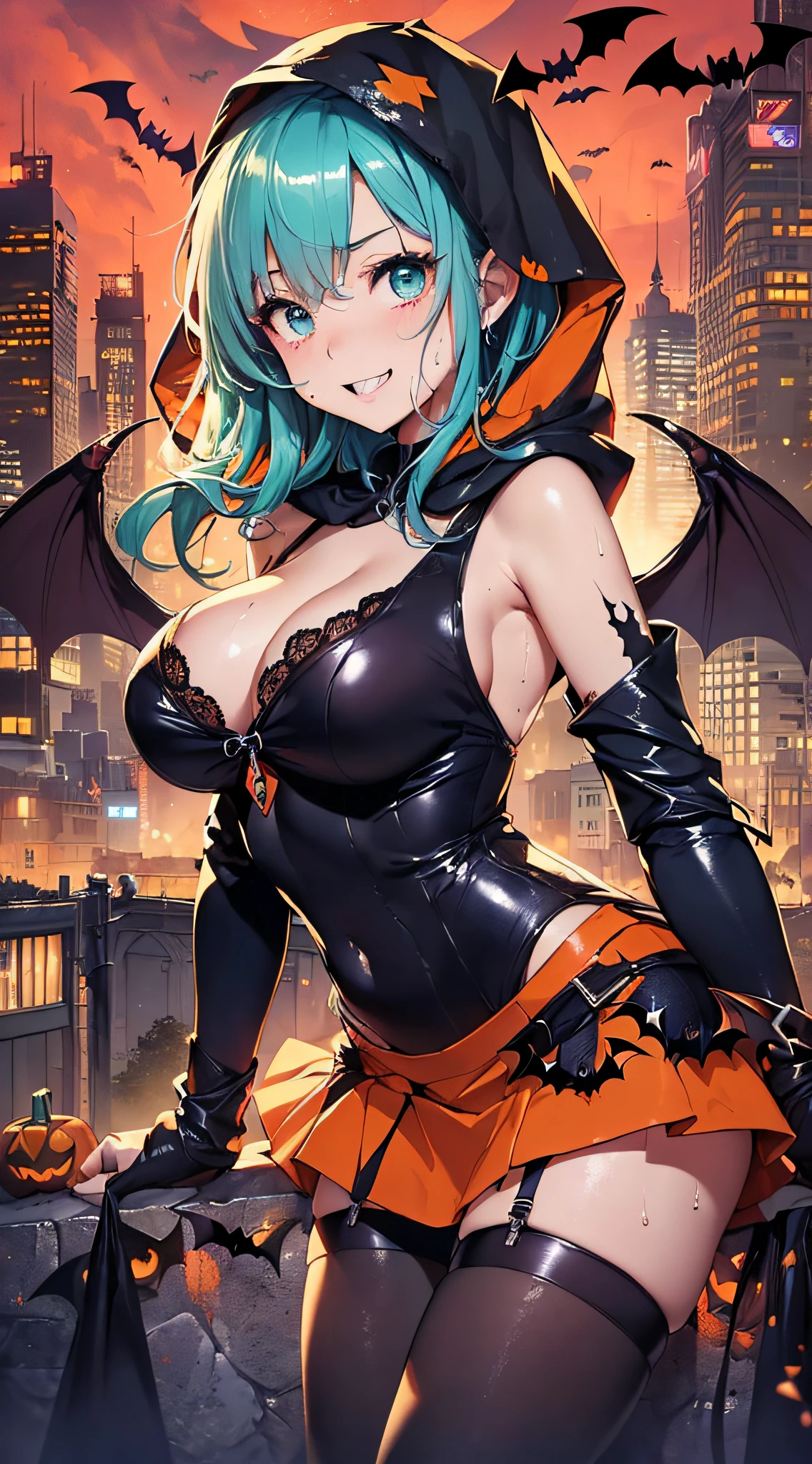 top-quality、Top image quality、masterpiece、s girl((18year old,Succubus、Black and orange tattered tank top,Tattered orange and black short skirt、Tattered orange short-sleeved hoodie、Wearing a hood,Best Bust、Bust 90、Light blue shiny hair、Longhaire,Blue-green eyes、open chest wide、Valley、Happiness、A slender、the whole body is wet、Leaning forward、Prank、Laughing mouth、Pointed teeth、Black wings、Pampering))hiquality、Beautiful Art、Background with((A city scape、Red sky、Red rain,Halloween、the bats、pumpkins))、masutepiece、Elaborate design、visualart、Theatrical films