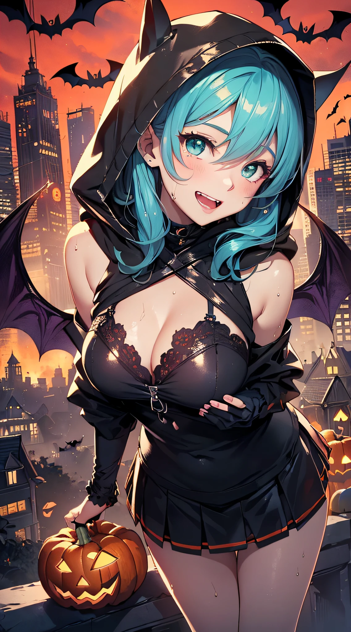 top-quality、Top image quality、masterpiece、s girl((18year old,Succubus、Black and orange tattered tank top,Tattered orange and black short skirt、Tattered orange short-sleeved hoodie、Wearing a hood,Best Bust、Bust 90、Light blue shiny hair、Longhaire,Blue-green eyes、open chest wide、Valley、Happiness、A slender、the whole body is wet、Leaning forward、Prank、Laughing mouth、Pointed teeth、Black wings、Pampering))hiquality、Beautiful Art、Background with((A city scape、Red sky、Red rain,Halloween、the bats、pumpkins))、masutepiece、Elaborate design、visualart、Theatrical films