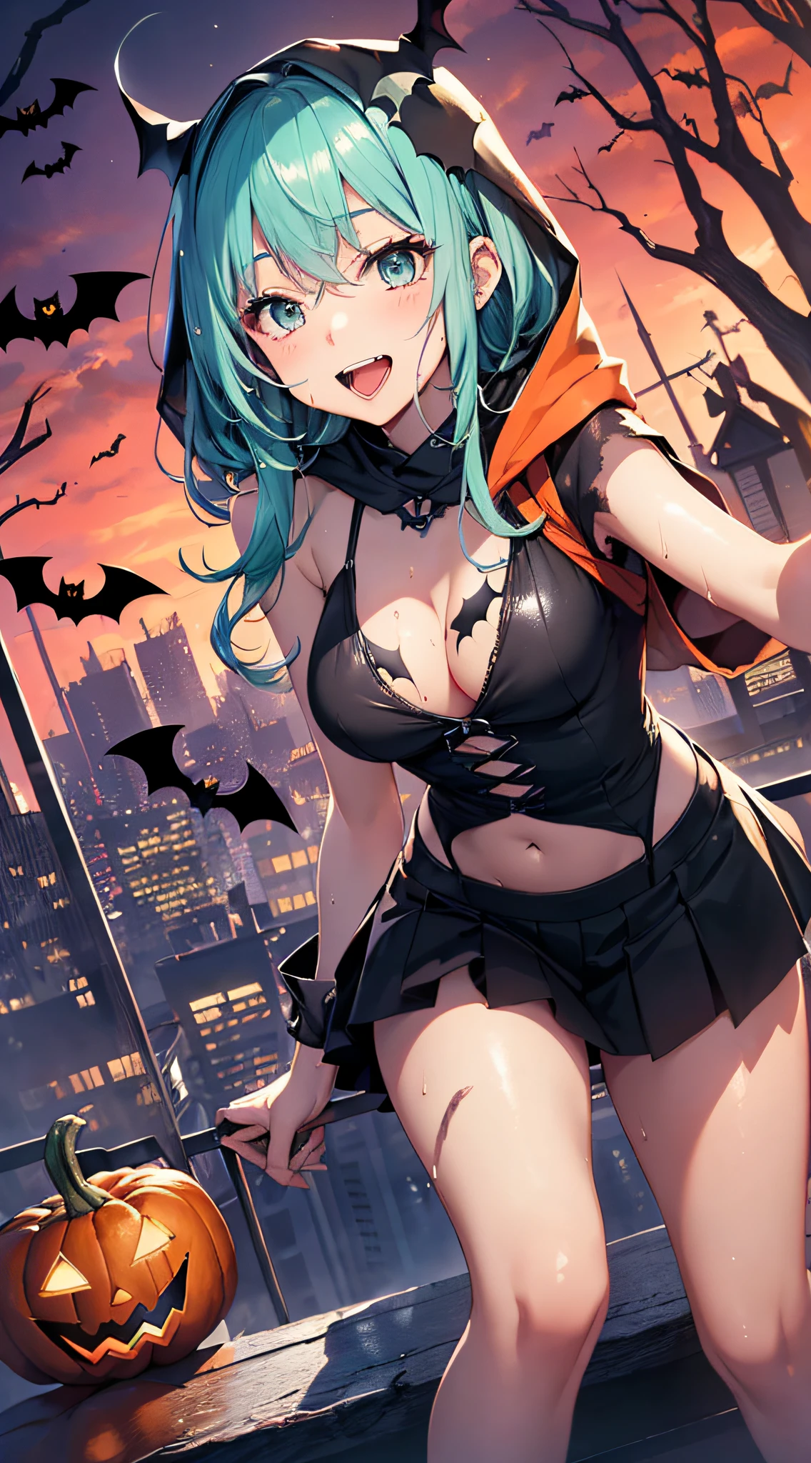 top-quality、Top image quality、​masterpiece、teens girl((18year old,Succubus、Black and orange tattered tank top,Tattered orange and black short skirt、Tattered orange short-sleeved hoodie、Wearing a hood,Best Bust、Bust 90、Light blue shiny hair、Longhaire,Blue-green eyes、open chest wide、Valley、Happiness、A slender、the whole body is wet、Leaning forward、Prank、Laughing mouth、Pointed teeth、Black wings、Pampering)）hiquality、Beautiful Art、Background with((A city scape、Red sky、Red rain,Halloween、the bats、pumpkins))、masutepiece、Elaborate design、visualart、Theatrical films